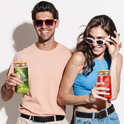 Miniatura 7 de Juego de 4 tazas de vidrio de café helado floral de 16 onzas con forma de lata con tapas de bambú y pajitas de vidrio estético para mujeres regalos