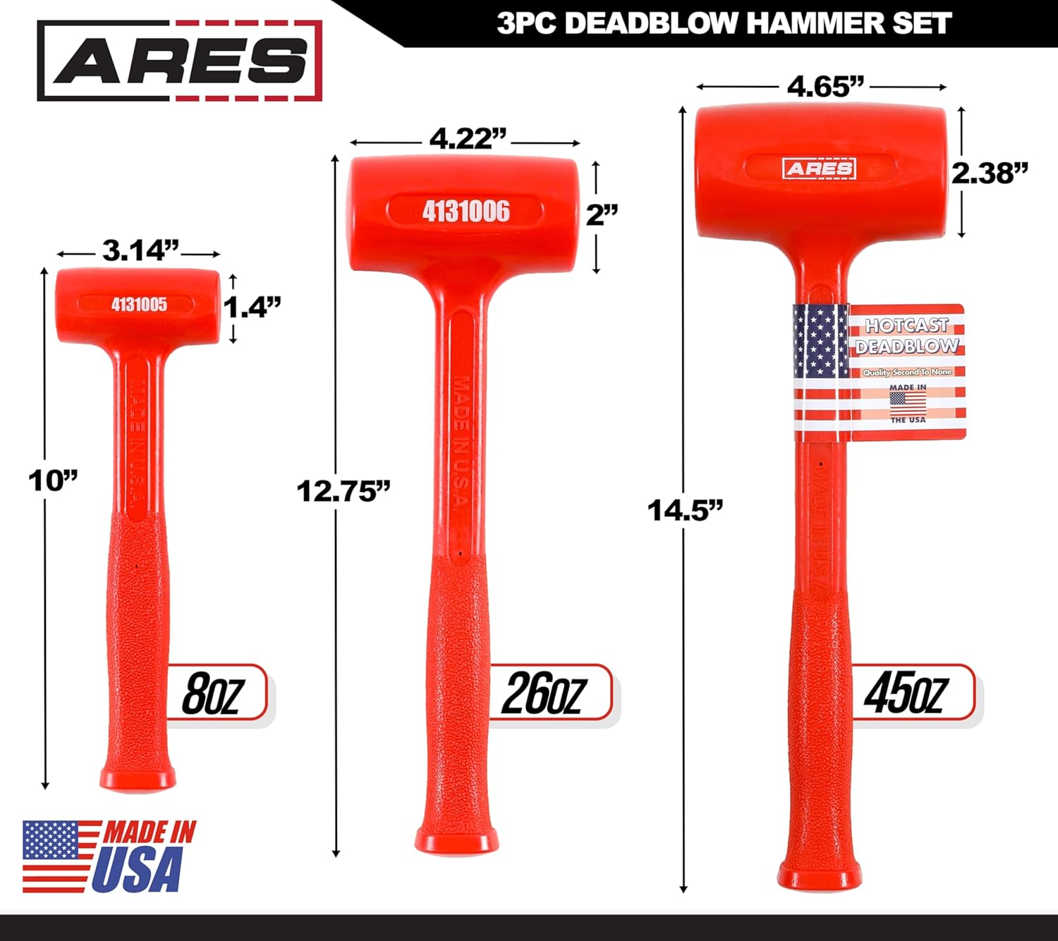 ARES 4131004 – 3-Piece Deadblow Hammer Set - Heavy Heads for Powerful Striking Force – Made in USA Tools for Automotive, Body Work, and Construction