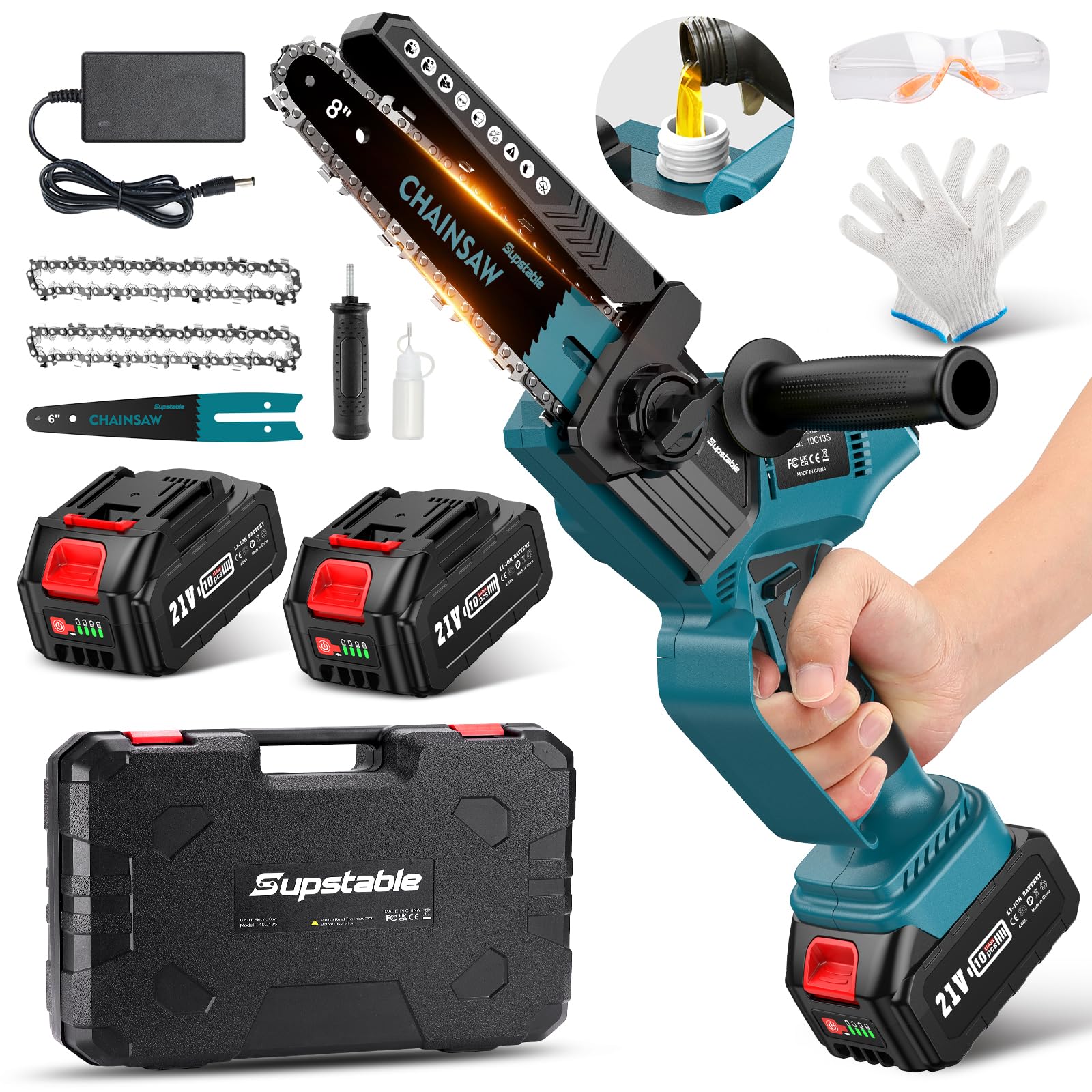 Supstable 6 and 8 inch mini chainsaw with battery 4.0 Ah 900 W electric battery saw with automatic oil and tool-free chain tension, compatible with Makita battery 18 V, single-hand cordless saw Supstable 6 and 8 inch mini chainsaw with battery 4.0 Ah 900 W electric battery saw with automatic oil and tool-free chain tension, compatible with Makita battery 18 V, single-hand cordless saw