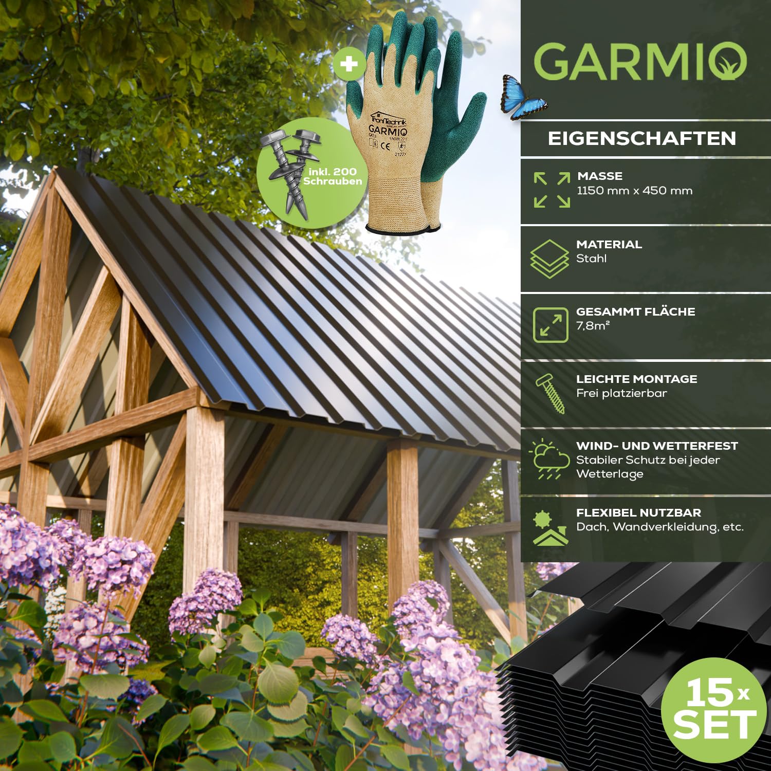 GARMIO® Profilblech Amalfi 115x45 cm Trapezblech Set 7,8 m² Dachblech verzinkter Stahl schwarz