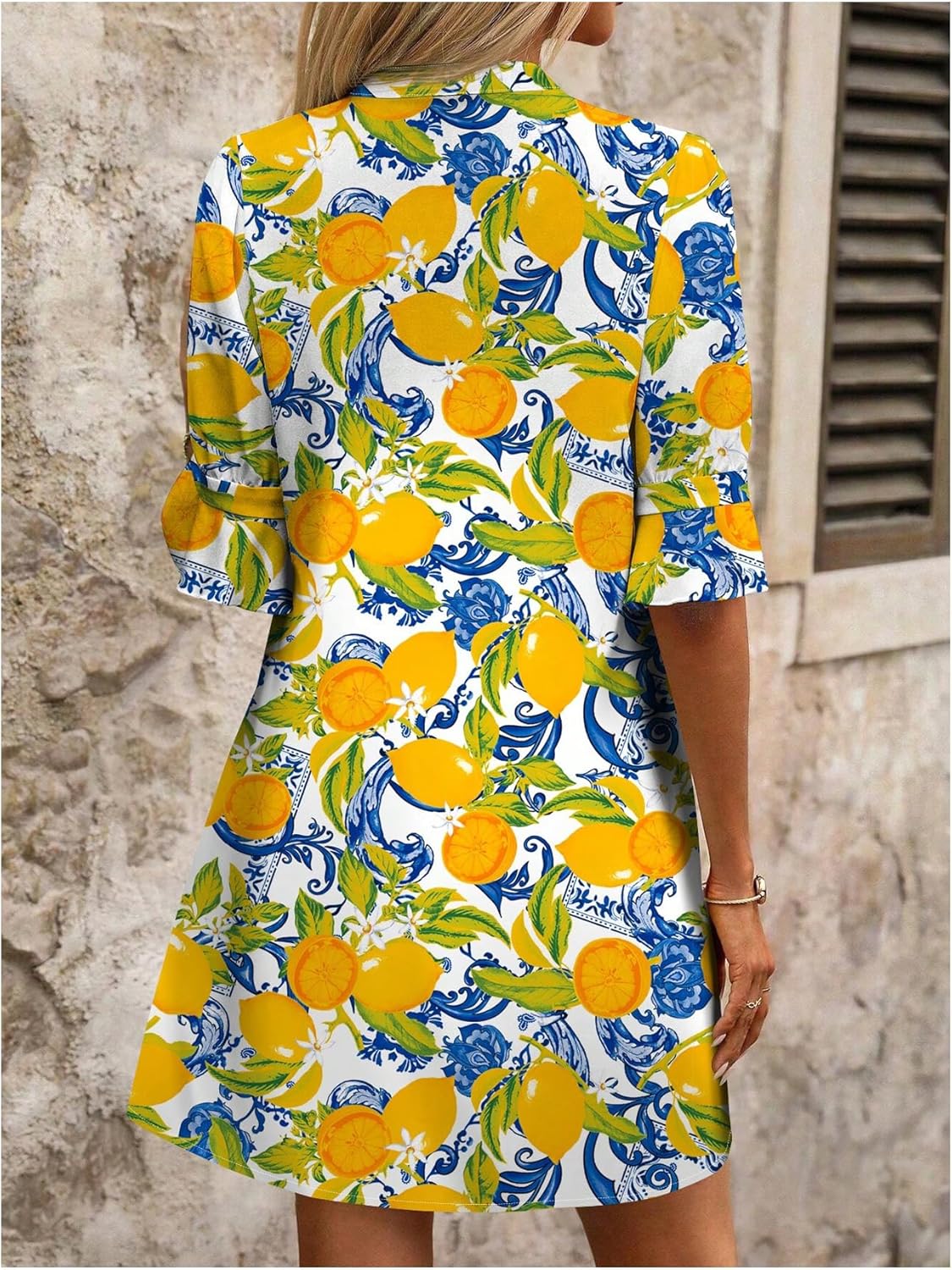 SweatyRocks Women's Lemon Half Sleeve Loose Tunic Dress V Neck Beach Vacation Short Dresses - Image 3