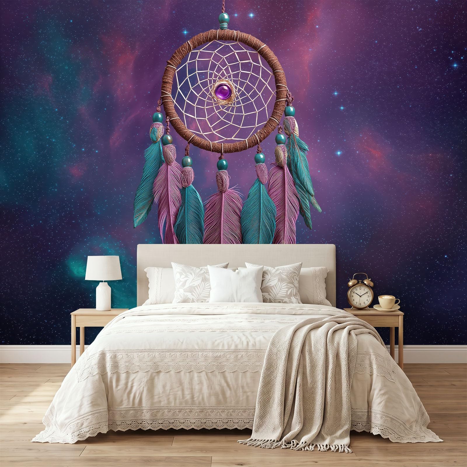 Fototapete Traumfänger Federn Sternenhimmel B250 x H175 cm | Vliestapete Wandtapete Boho Fototapeten für Wohnzimmer Schlafzimmer Kinderzimmer, Wanddeko 3D Effekt Motivtapeten