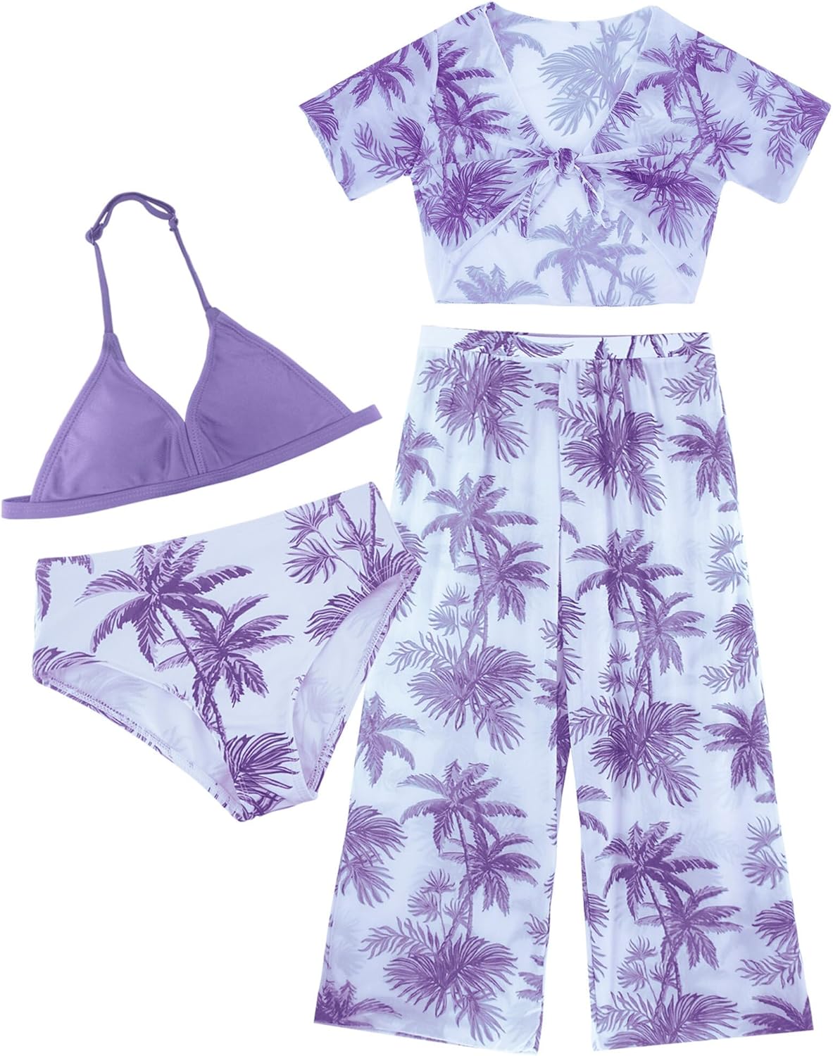 Happy Cherry Girl's 4PCS Swimsuits Tropical Print Halter Bikini Set Bathing Suits with Kimono and Cover Up Pant Boho Swimwear