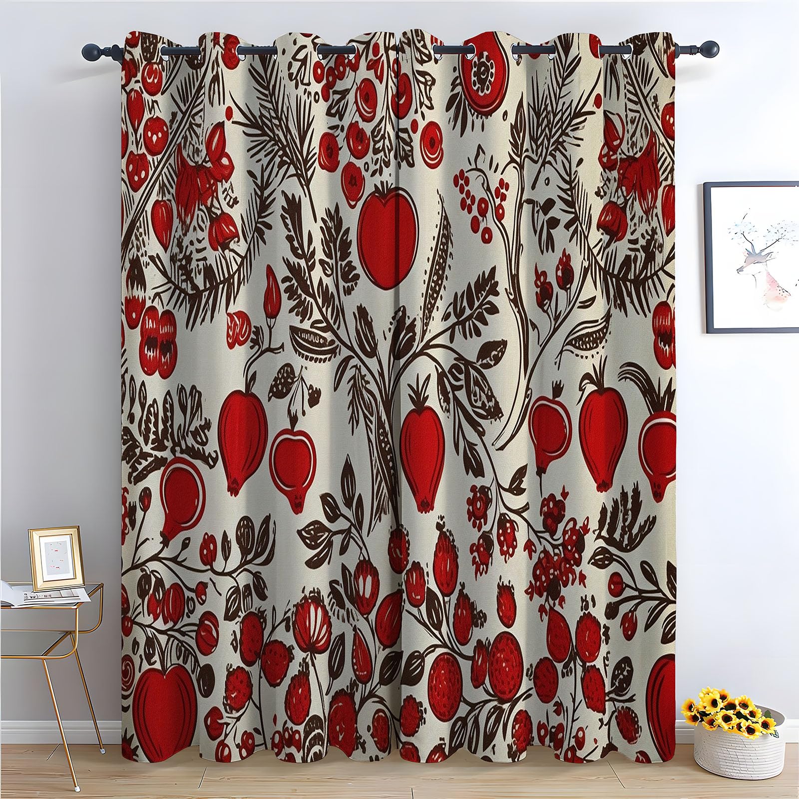 TERUEA Blackout Curtains for Home Living Room Bedroom Window Drapes, Vintage red fruit berry botanical branch drawn Curtains Mordern Home-42 W x 72" L (Pack of 2)