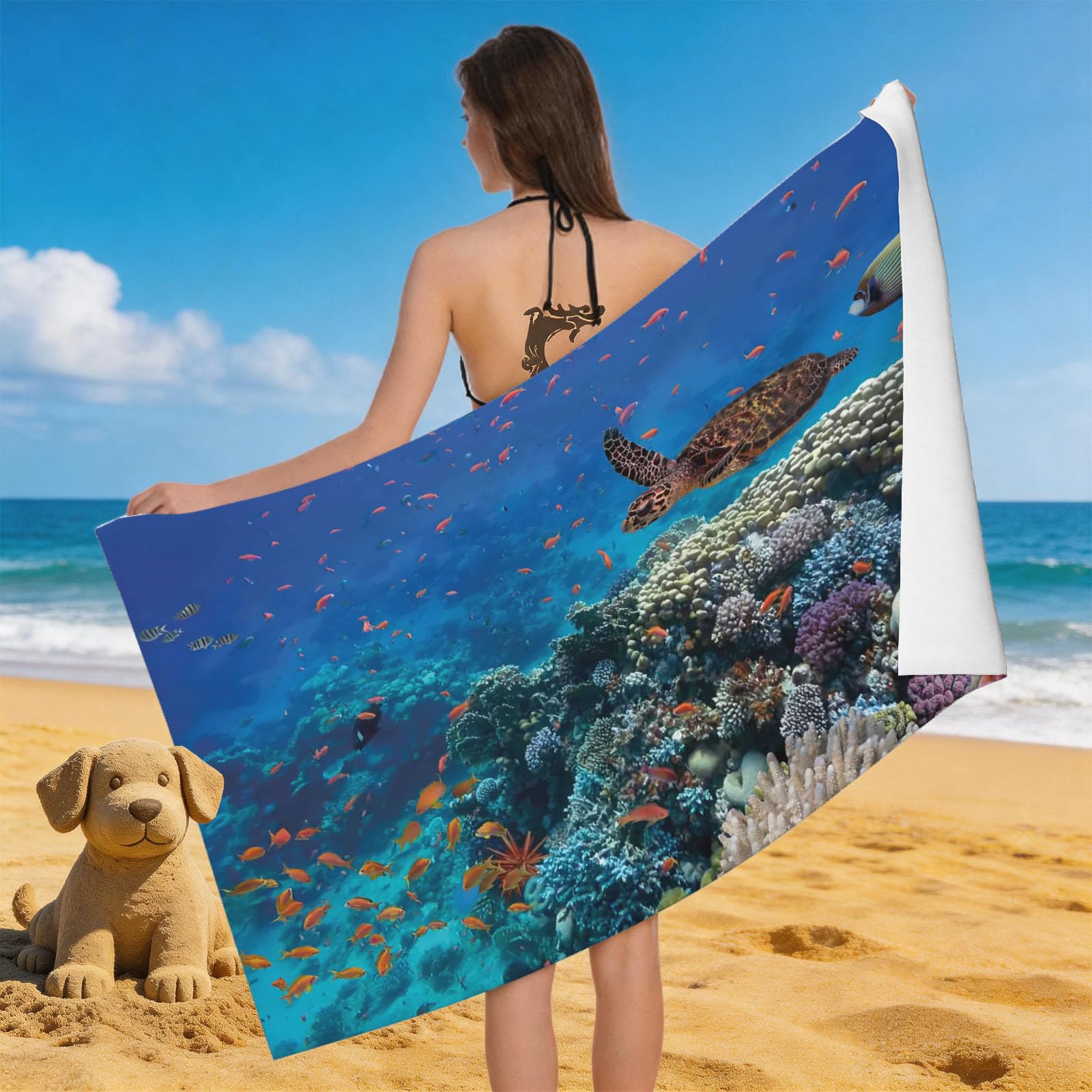 Leichong 3D Ocean Landscape Beach Towel Microfiber Soft Quick Dry for Adults, Coral Reef Bath Towel Lightweight Soft Absorbent for Travel Swimming Pool Sports, 75 x 150 cm