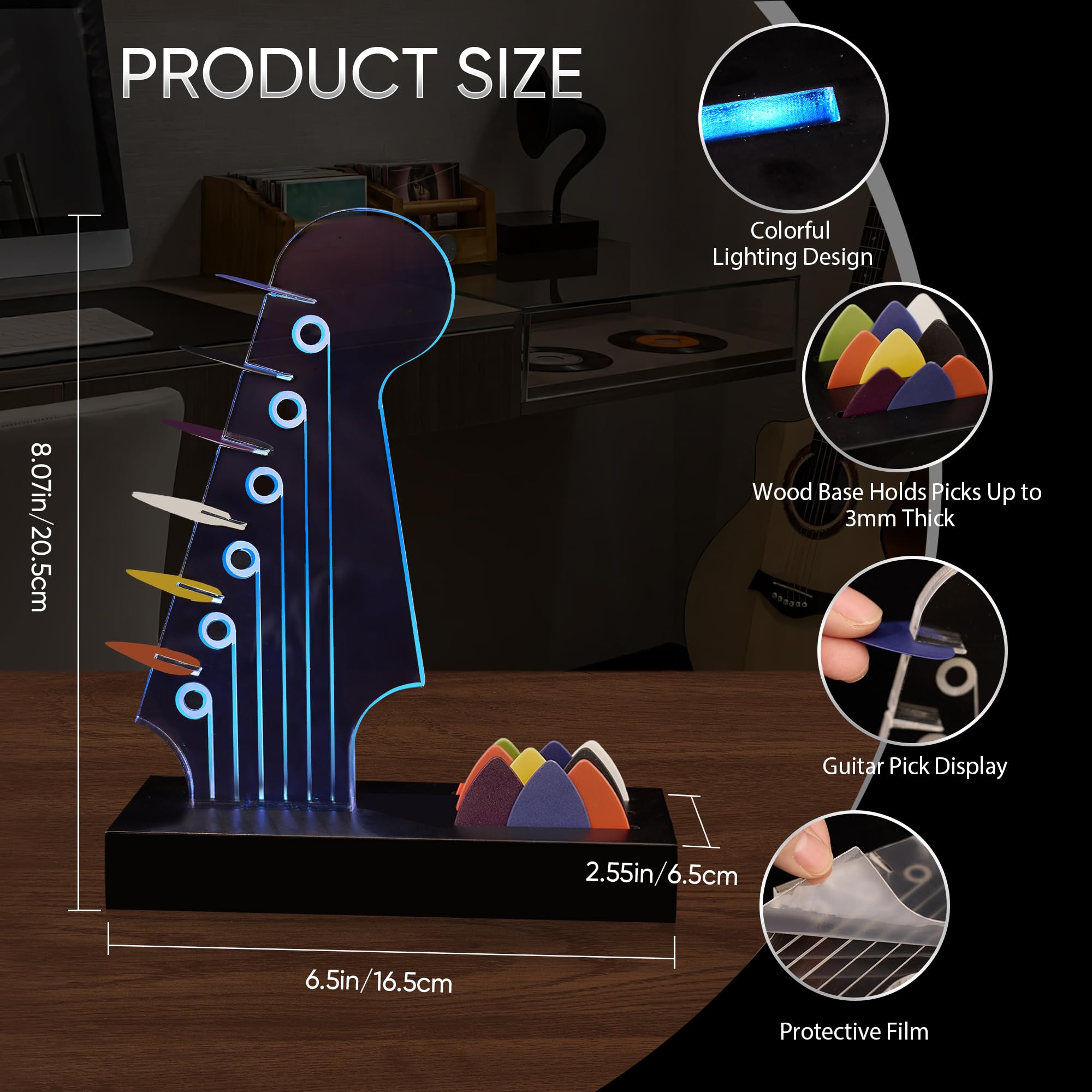 Soporte para púas de guitarra iluminado: diseño de cabezal de guitarra eléctrica, luces que cambian de 7 colores, regalos de guitarra para los amantes de la música, exhibición de púas de guitarra con