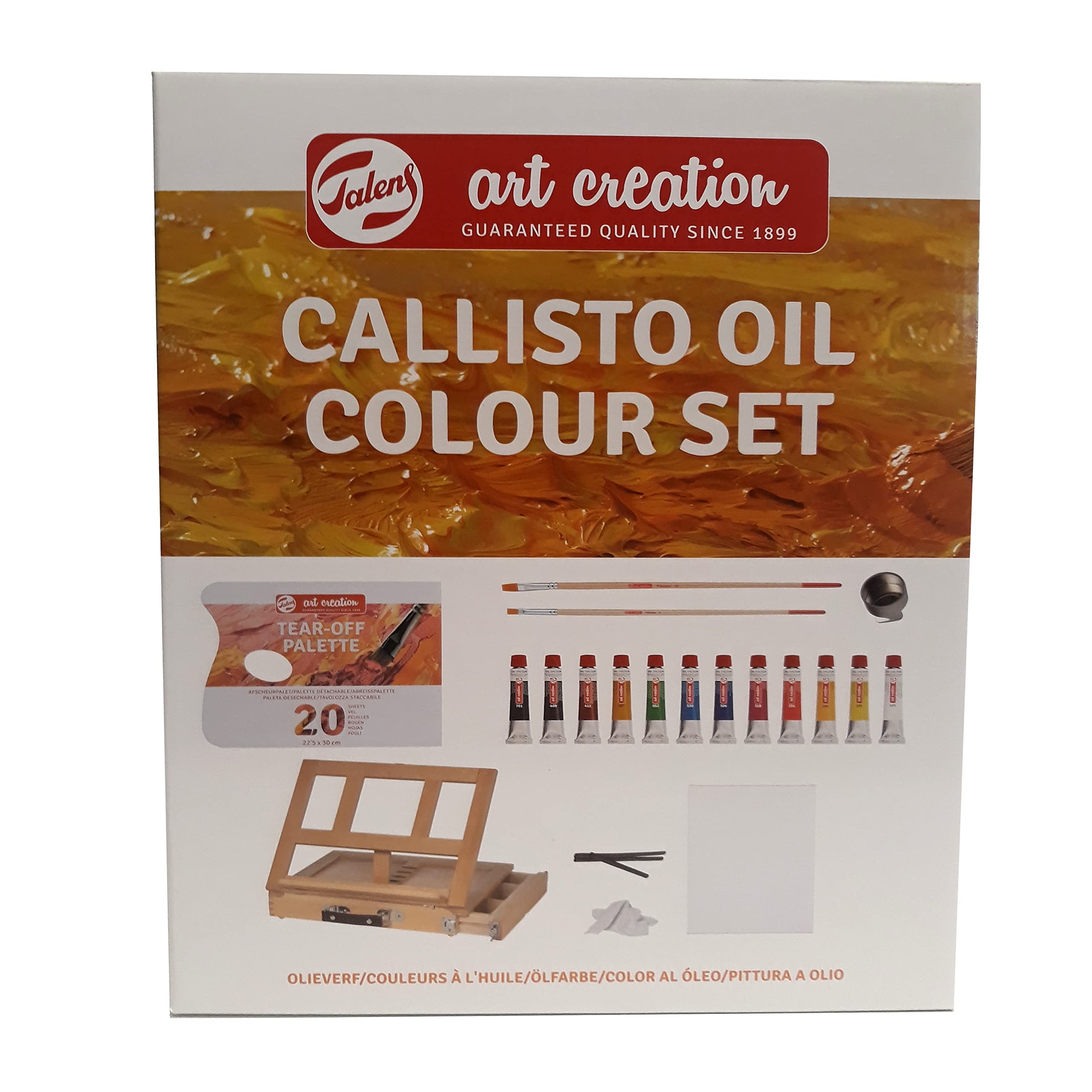 Talens Art Creation Öl-Set 12 Tuben 12 ml, Staffelei, Einweg-Palette, Pinsel, Brunnen, Holzkohle, Stofftuch, Schindel