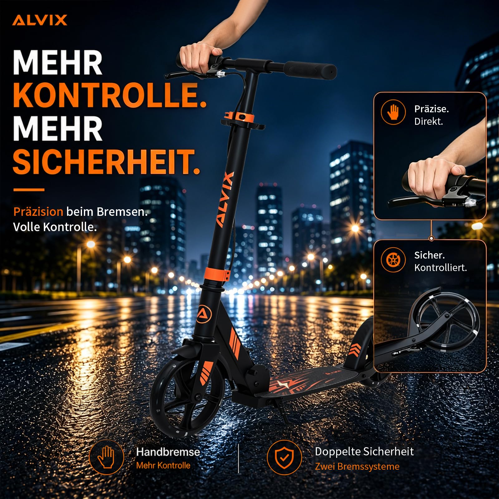 ALVIX Kinder Scooter mit Handbremse & LED-Rädern – 200 mm | Höhenverstellbarer Kinderroller ab 6 Jahren, faltbarer Kickroller mit Tragegurt, breitem Deck, bis 100 kg