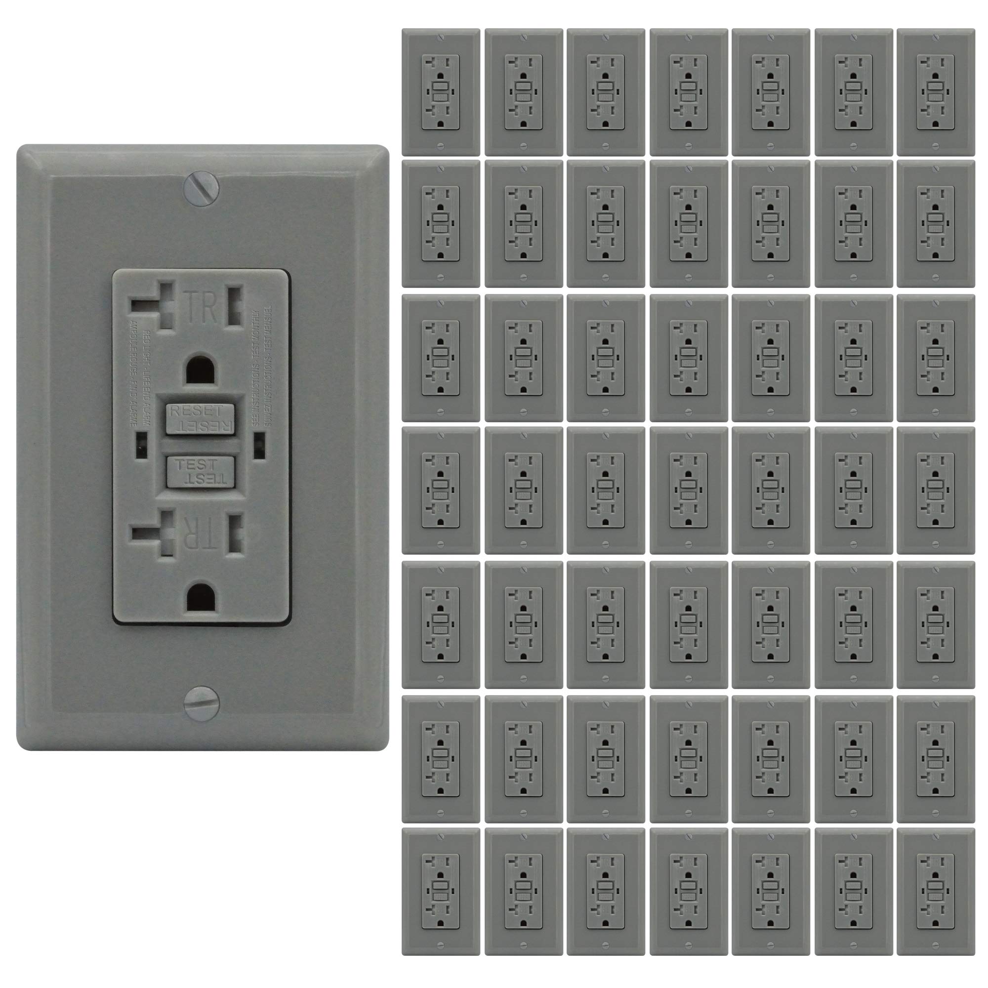 GFCI 20A Tamper Resistant Duplex Receptacle Standard Decorative Outlet with LED Indicator, Ground Fault Circuit Interrupter, Decorative Wallplate, Protection, UL Listed, Gray (50)