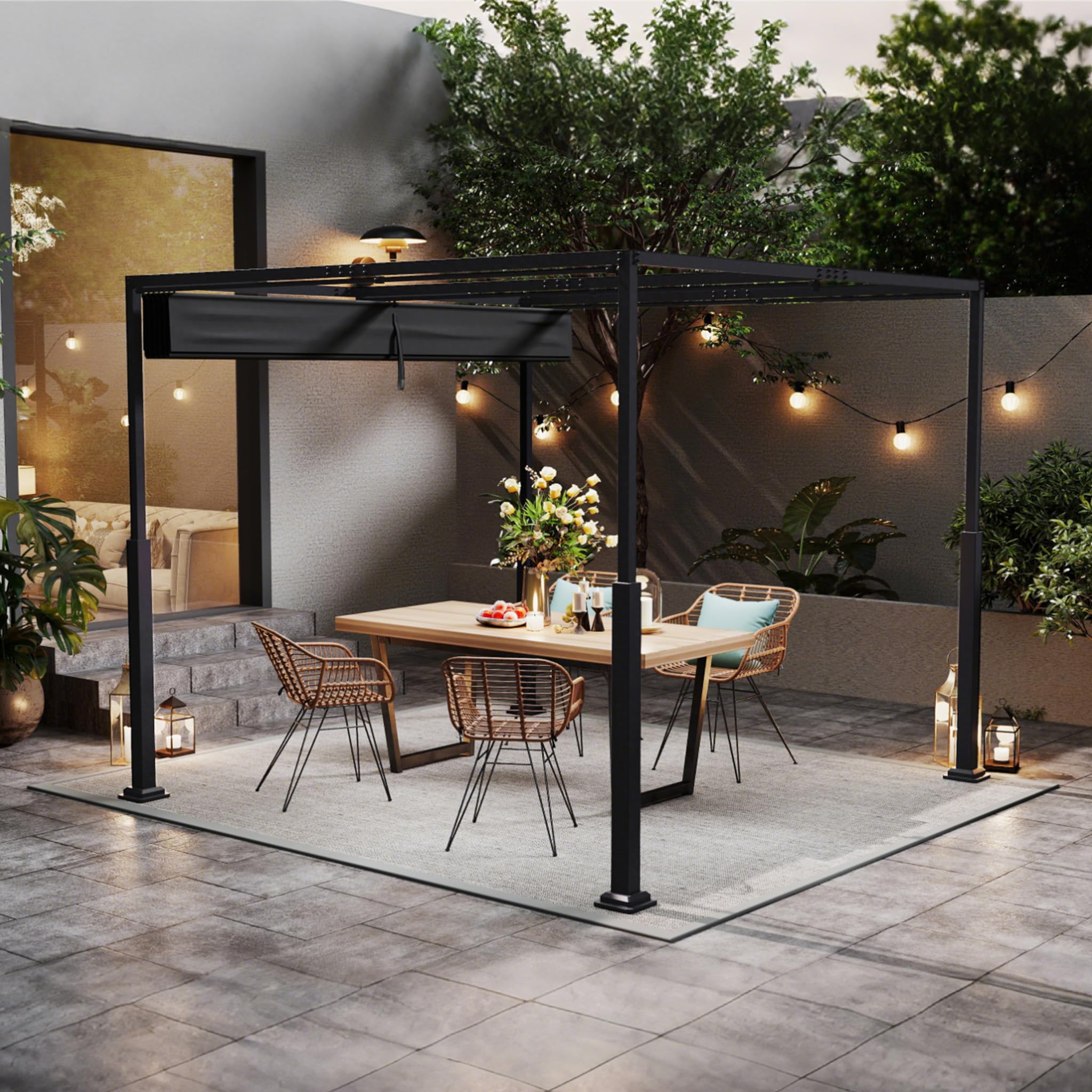 SUBTLETY Pergola 3x3 m Terrassenüberdachung, Gartenpavillon mit einziehbarem Schiebedach, Wasserdicht Stabil Metallrahmen Sonnenschutz Pavillon für Garten Terrasse Balkon (Schwarz)