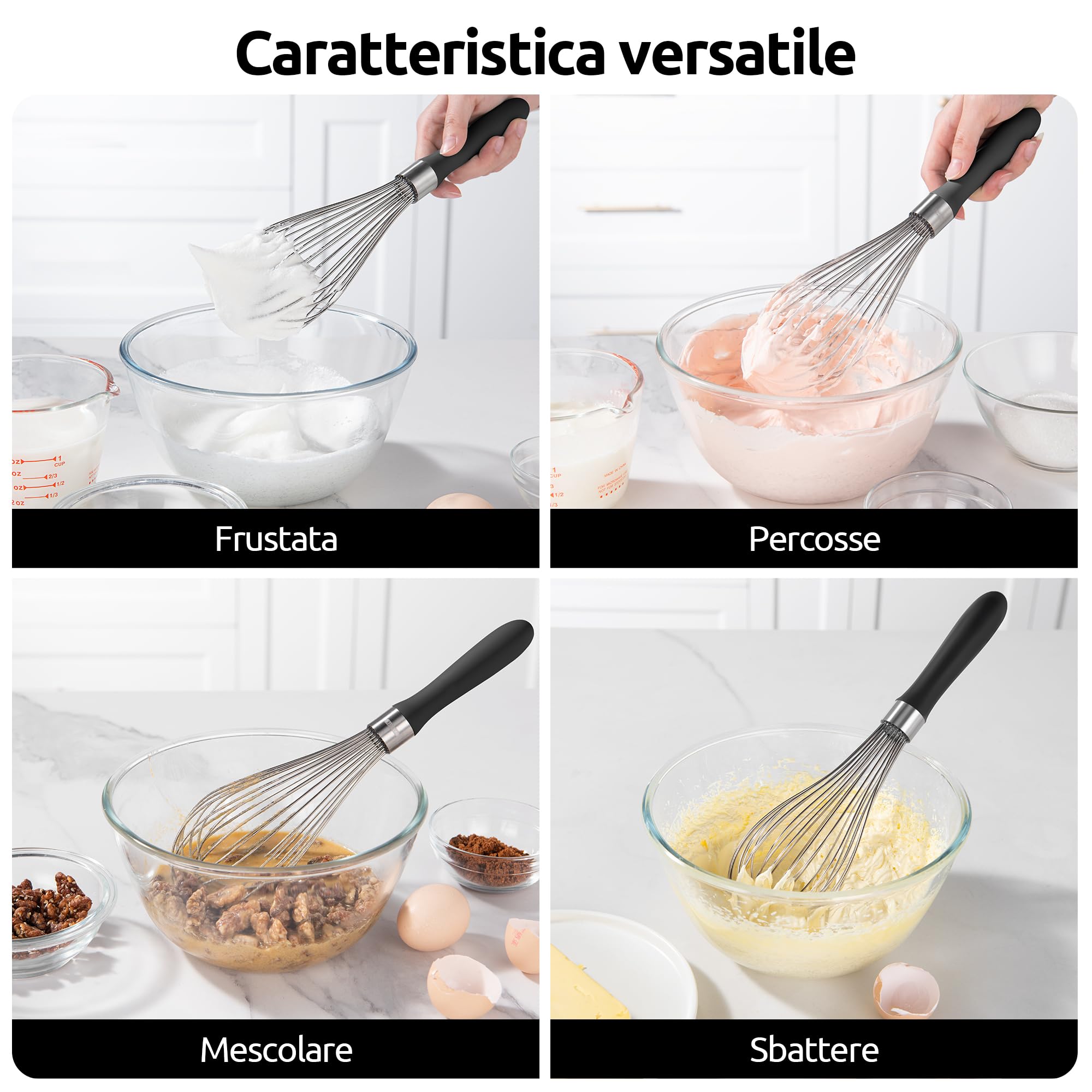 U-Taste Frusta da Cucina: 30 cm Grande Frusta a Palloncino in Acciaio Inox 18/10, con 12 Fili Altamente Flessibili e Manico in Silicone per Battere, Mescolare Impasti e Creme (Nero)