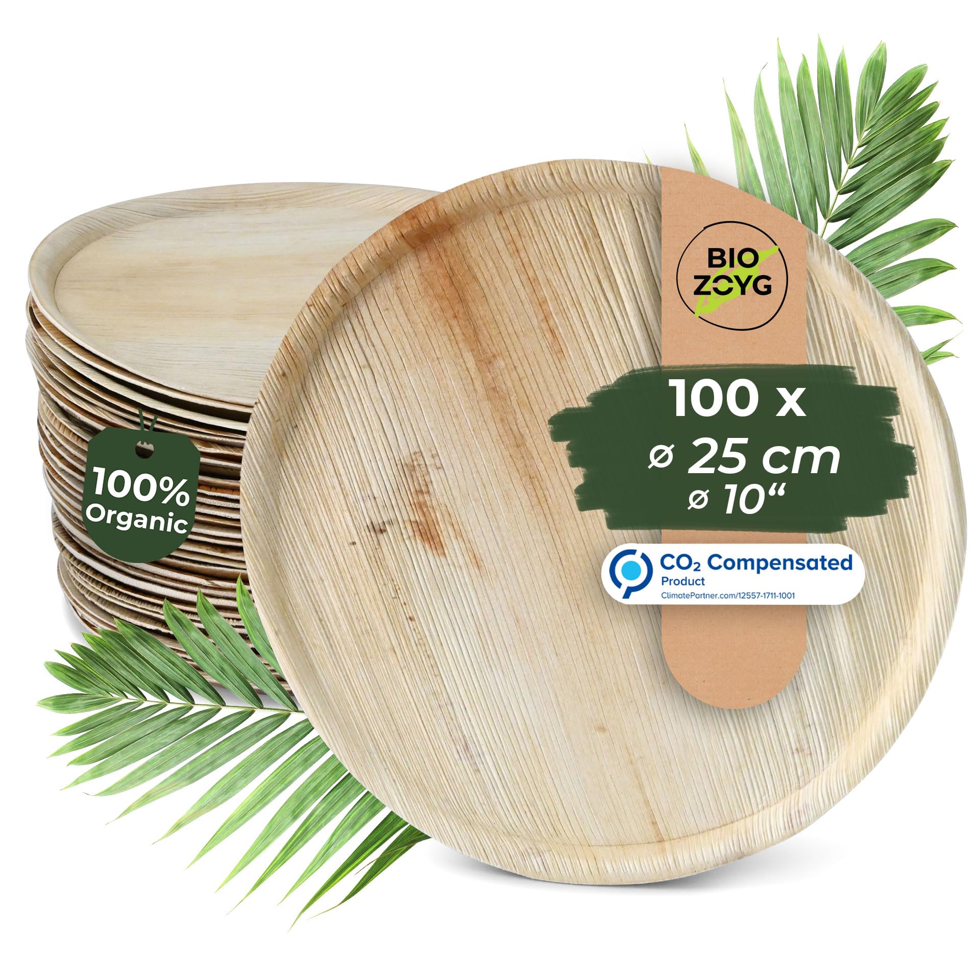 BIOZOYG Palmware - Piatto Pizza usa e getta in foglia di palma I Stoviglie monouso 100 x Tavola da pizza rotonda 25 cm, piatta, con bordo I Foglia di palma Stoviglie monouso biodegradabile