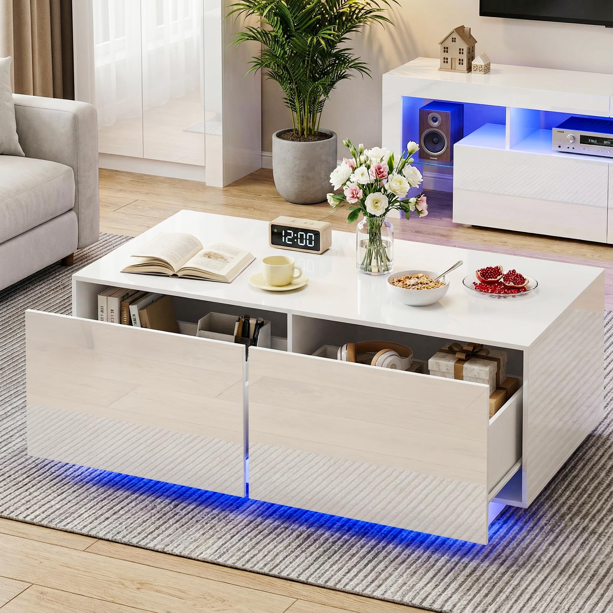 Couchtisch mit Schublade und Offenem Fach, Couchtisch Weiß Hochglanz mit LED-Beleuchtung, Wohnzimmertisch Weiß mit Stauraum, 100 x 50 x 40 cm