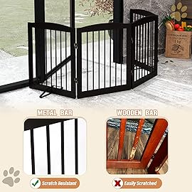PUPETPO Freestanding Pet Gate for Dogs, Foldable Wooden Dog Gate for House, Indoor Dog Gate for Stair, Doorway, Gates for Dogs Indoor, 80 Inch Wide, 4 Panels 24,Brown