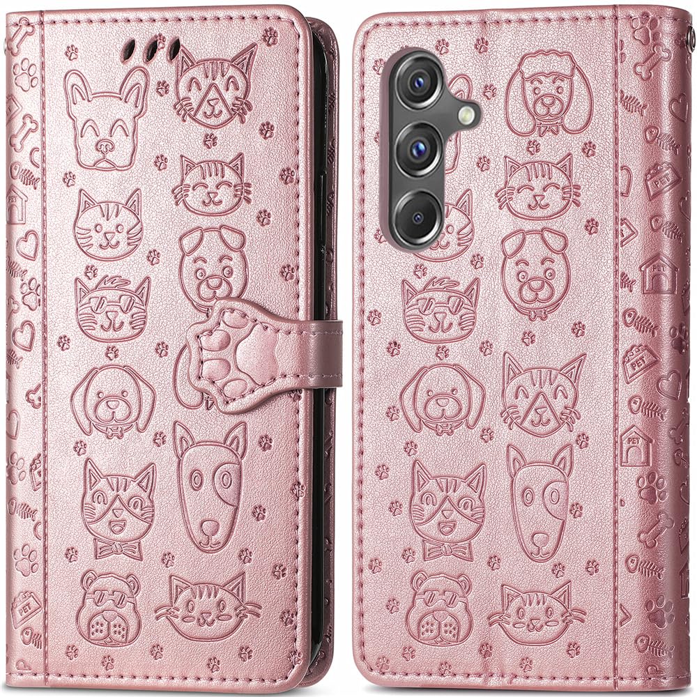 ROPIGO for Samsung Galaxy A15 5G Wallet Case, Embossed Cat and Dog Premium PU Leather [Kickstand] [Card Slots] [Wrist Strap] [6.5 inch] Phone Cover