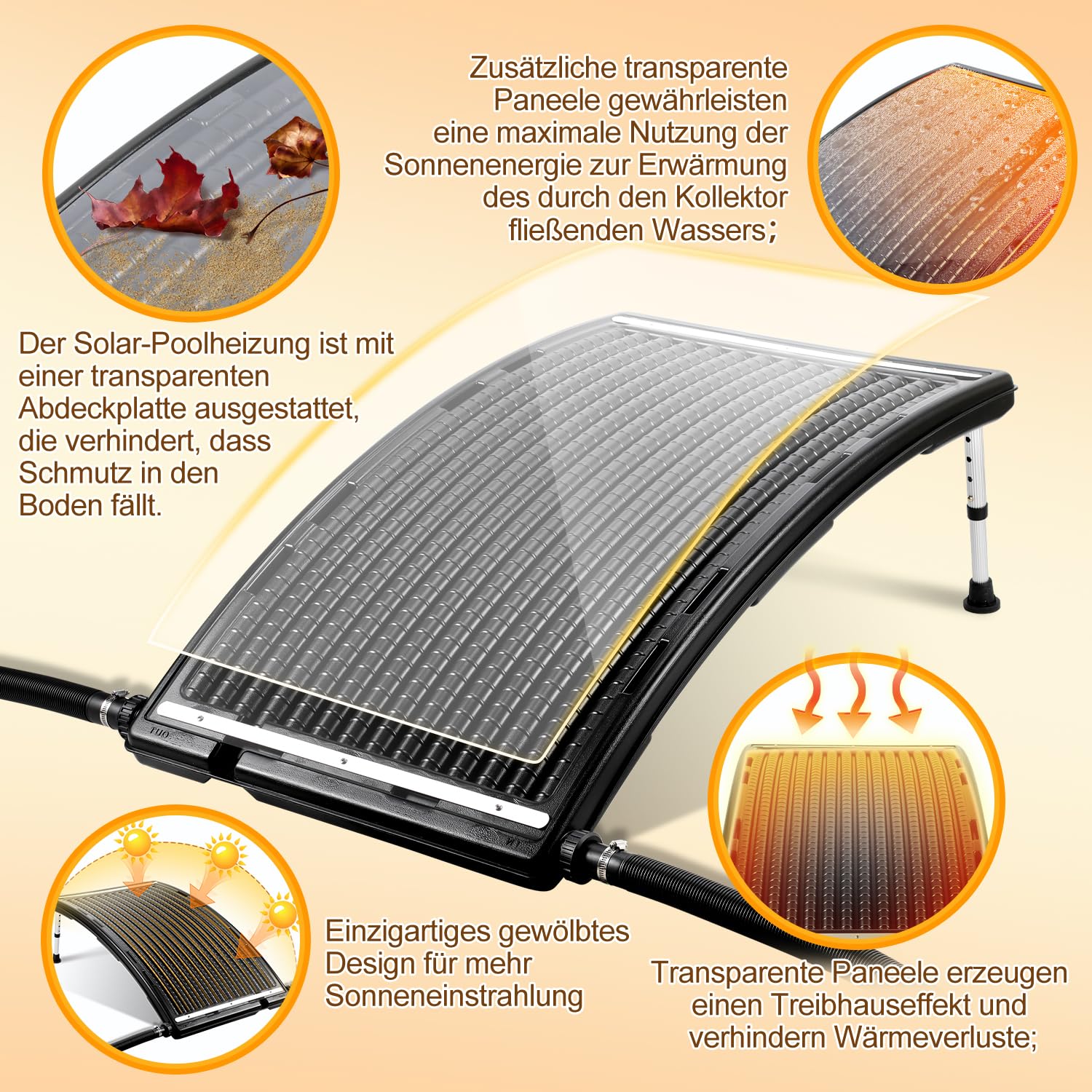 Poolheizung Solar, Sonnenkollektor Pool 110 x 65 x 36 cm, Solarheizung 10000 L/H, Ø 38-40mm Anschluss Solar Poolheizung Erweiterbar, Solaranlage für Warmwasser Pool