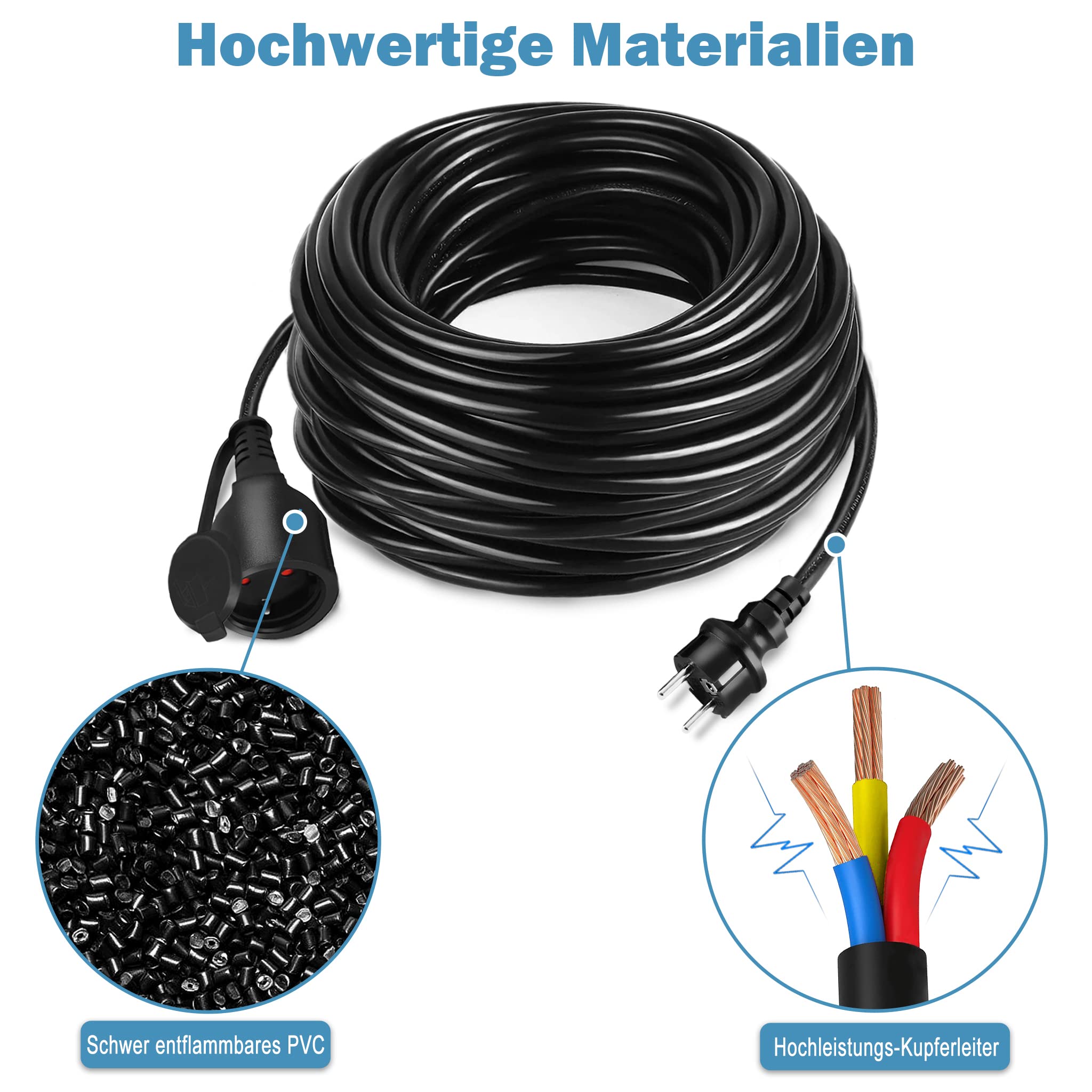 UISEBRT Cavo di prolunga Schuko da 30 m, con spina piatta 3500 W, 230 V, IP44, cavo di alimentazione con tappo di protezione per esterni, con contatto di protezione H05VV-F3G, cavo di prolunga per