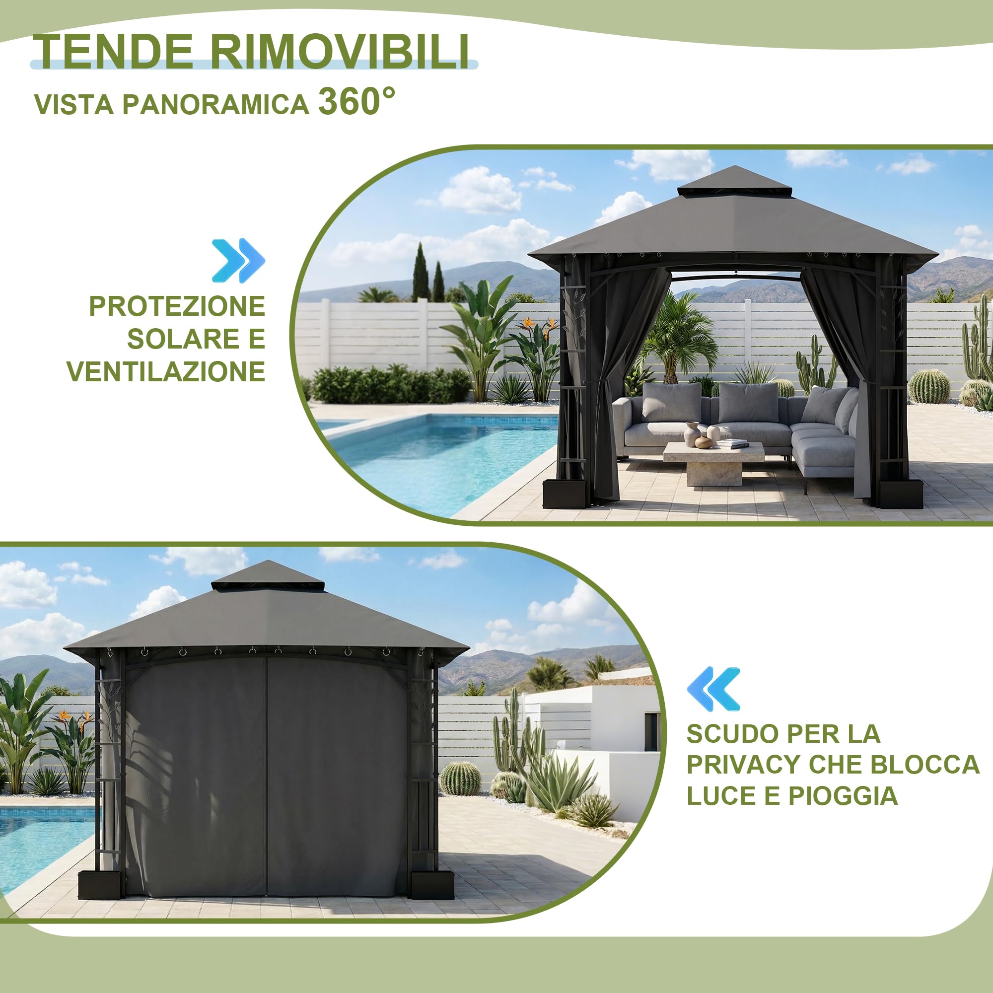 Devoko Gazebo Esterno Resistente 3.3x3.3 m con 4 Vasi per Fiori - Gazebo da Giardino in a Doppio Tetto Aerato, Struttura Fogliata, Tende Rimuovibili, Protezione UV & Impermeabile per Esterno