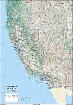 California and Nevada Physical Map - 23.4 x 33.1 Inches - Paper Laminated