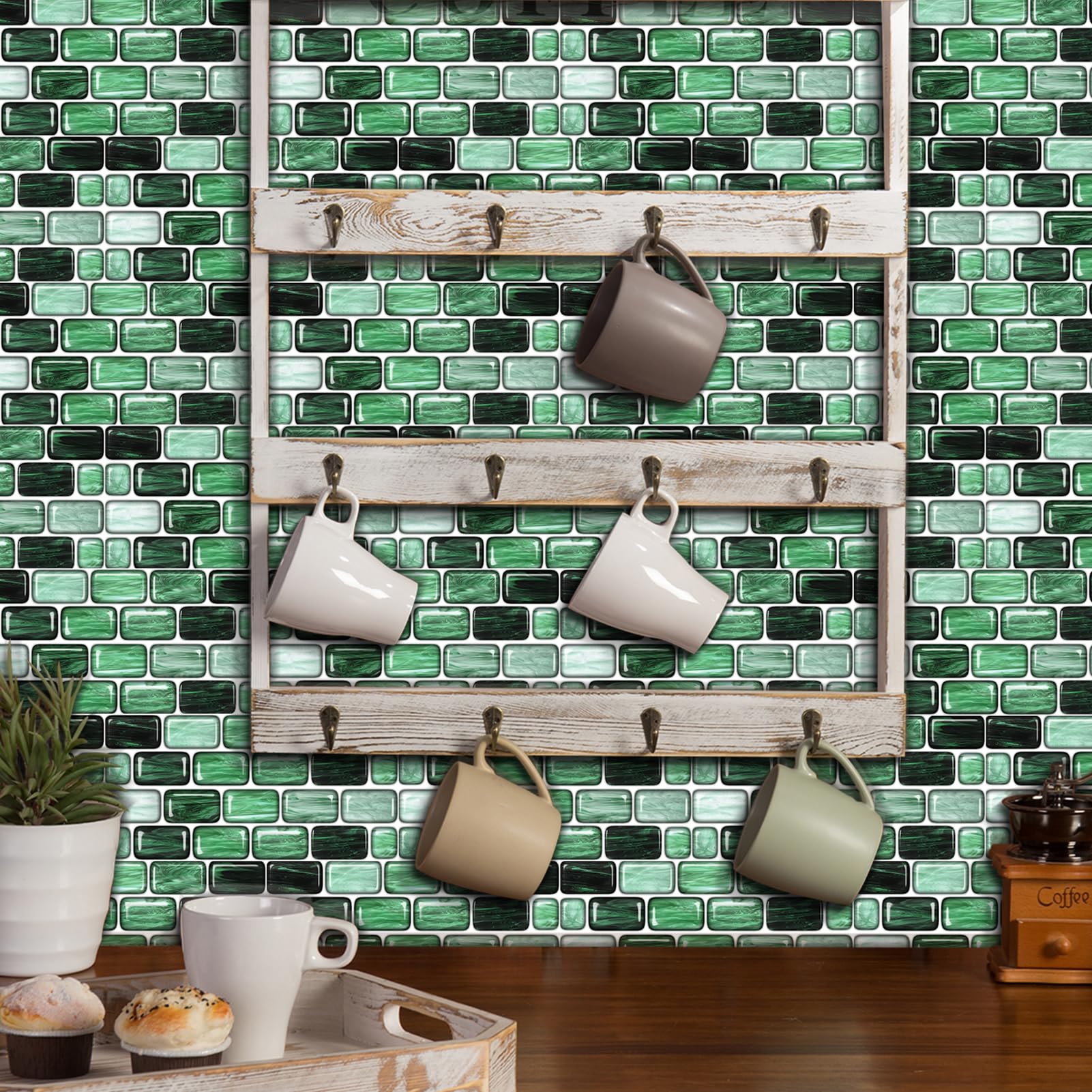Tile Stickers for Kitchen Wallpaper, Stick On Tiles for Bathroom Wall Self Adhesive Waterproof Vinyl Peel and Stick Wall Tiles Covers, Green Mosaic Crystal Lattice