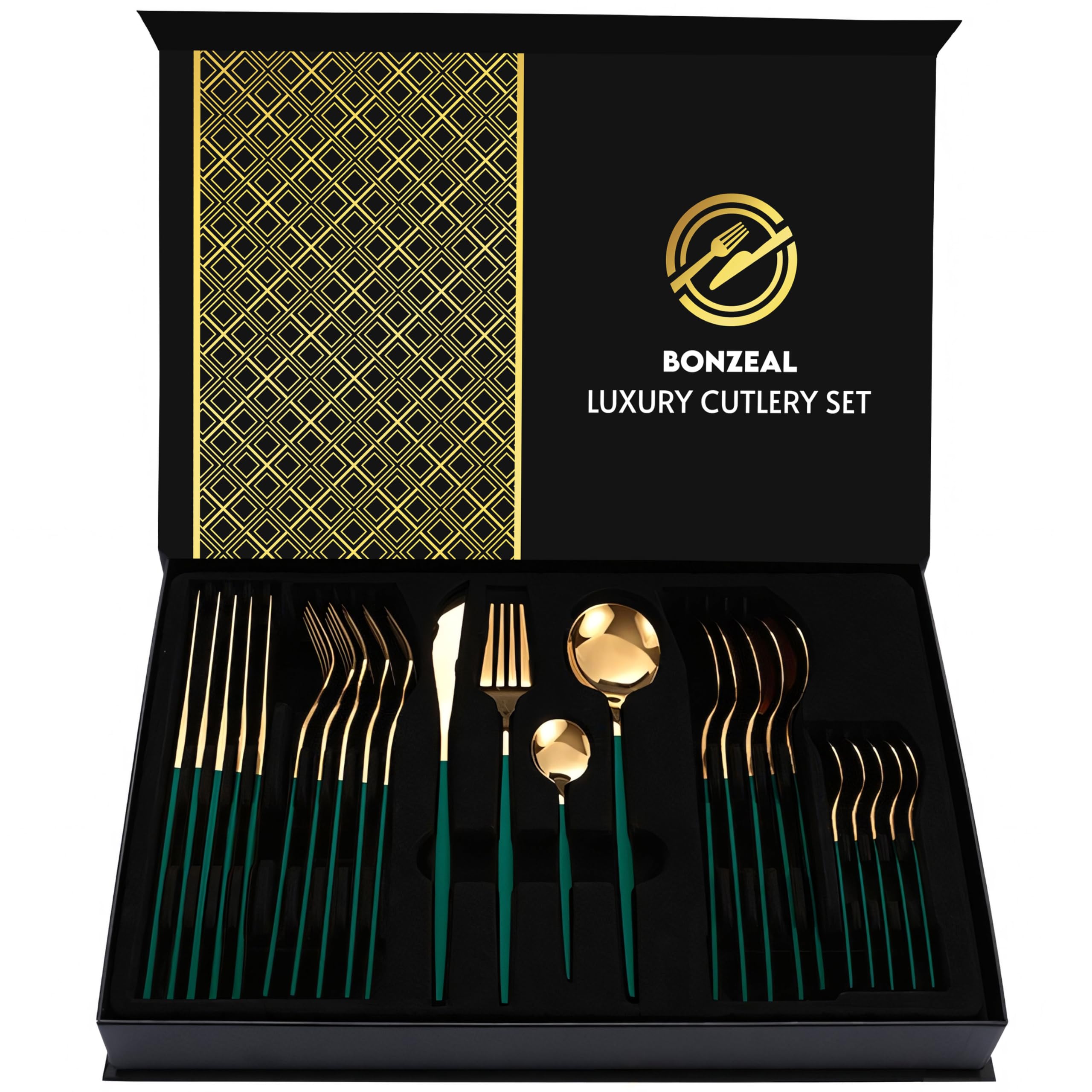 Stainless Steel Green Gold Cutlery Set for 6 Person with Gift Box 24 Pieces Mirror Finish Luxury Premium Flatware Set for Dining Table Hotel Cafe Bar Restaurant House Warming Gifts - 24Pcs Green Gold Cutlery Set