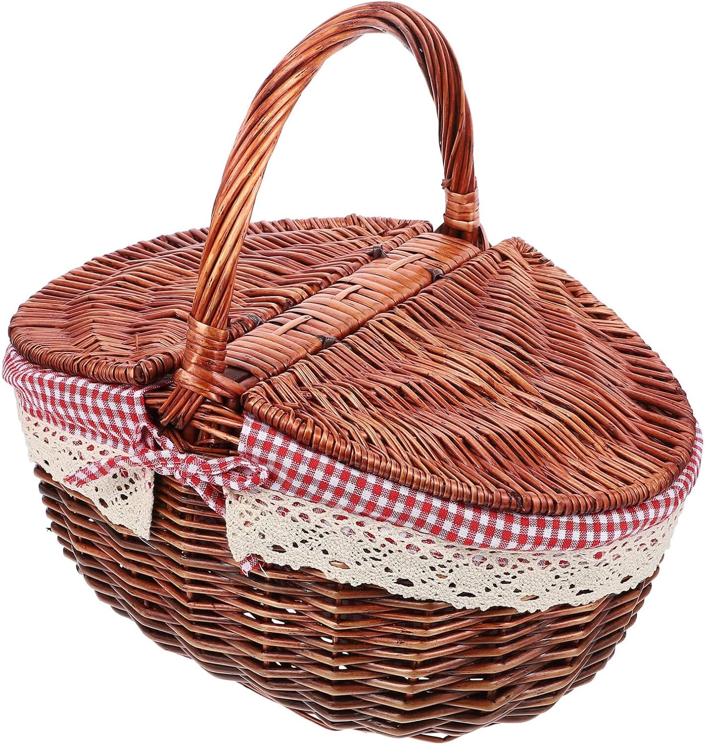 Woven Rattan Picnic Basket with Double Lids Handmade Decorative Fruit and Vegetable Storage Basket for Outdoor Camping and Kitchen Use Red Plaid