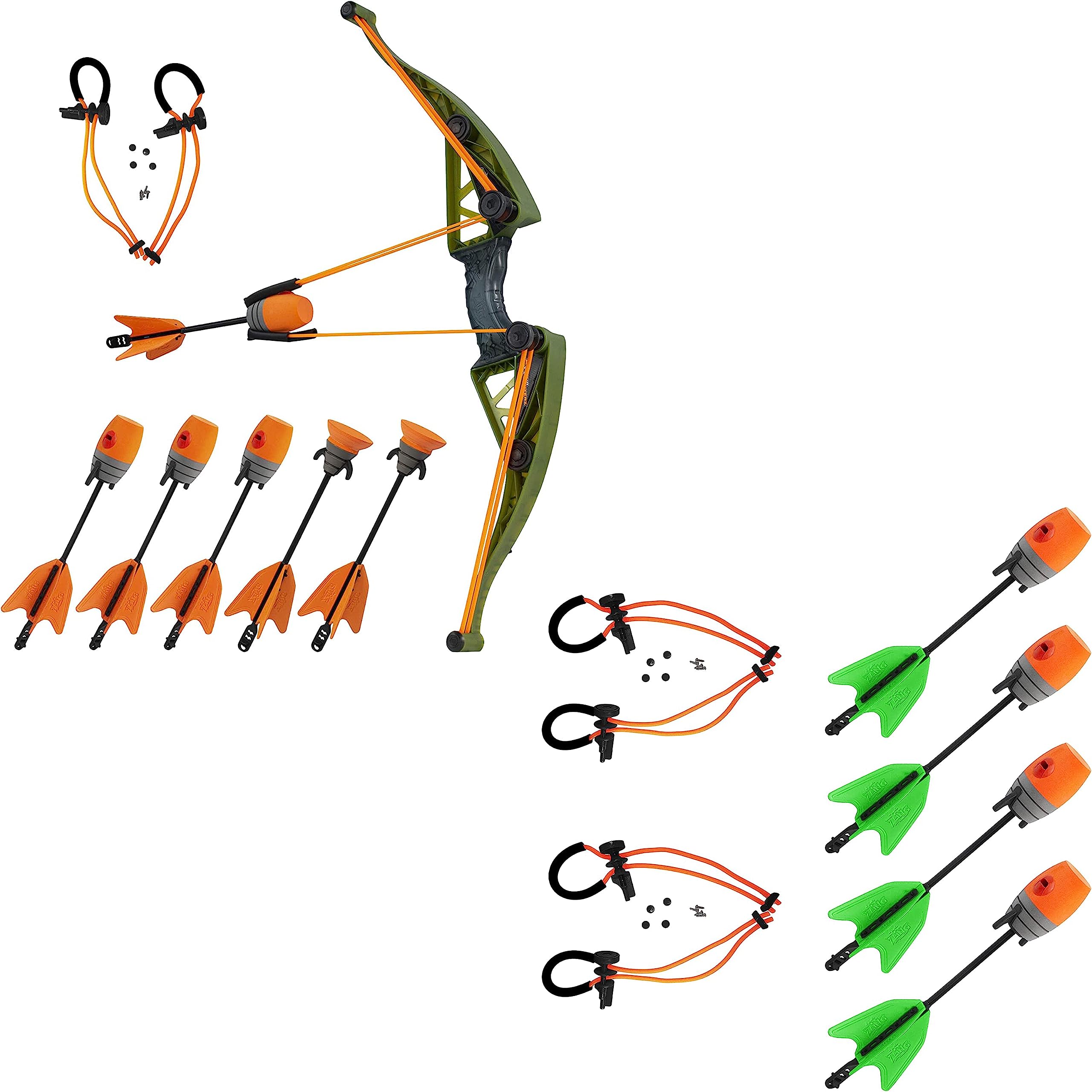 Zing Air Hunterz Z-Curve Bow Pack, 1 Green Bow, 4 Orange Zonic Whistle Arrows, 2 Orange Suction Cup Arrows and 1 Bungee + Zing Z-Curve Bow Bungee Replacement and Arrow Refill Pack