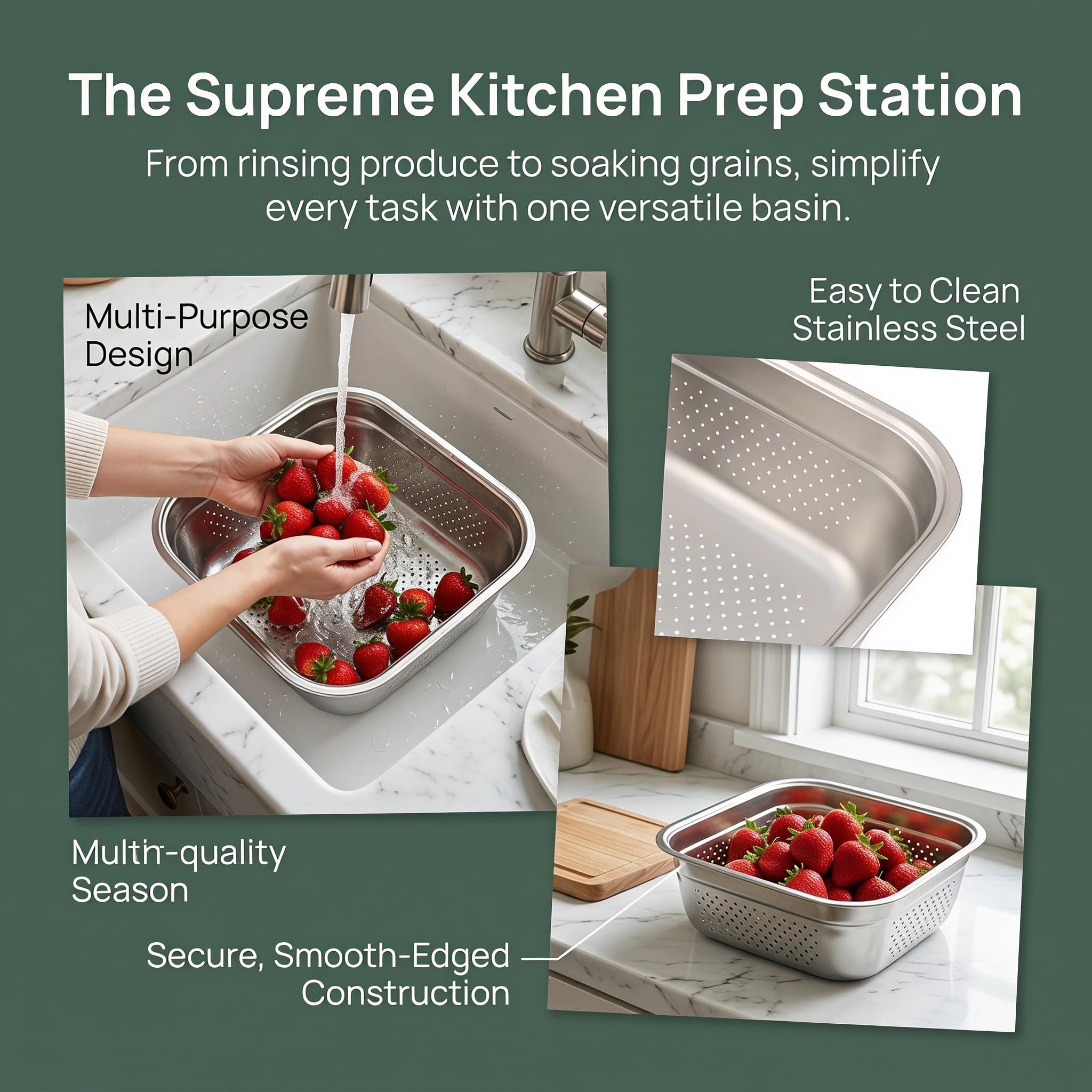 Operitacx Recipiente de acero inoxidable para lavar platos, colador cuadrado grande para fregadero de cocina, palangana para lavar frutas y verduras con borde liso para facilitar la limpieza, 30 x