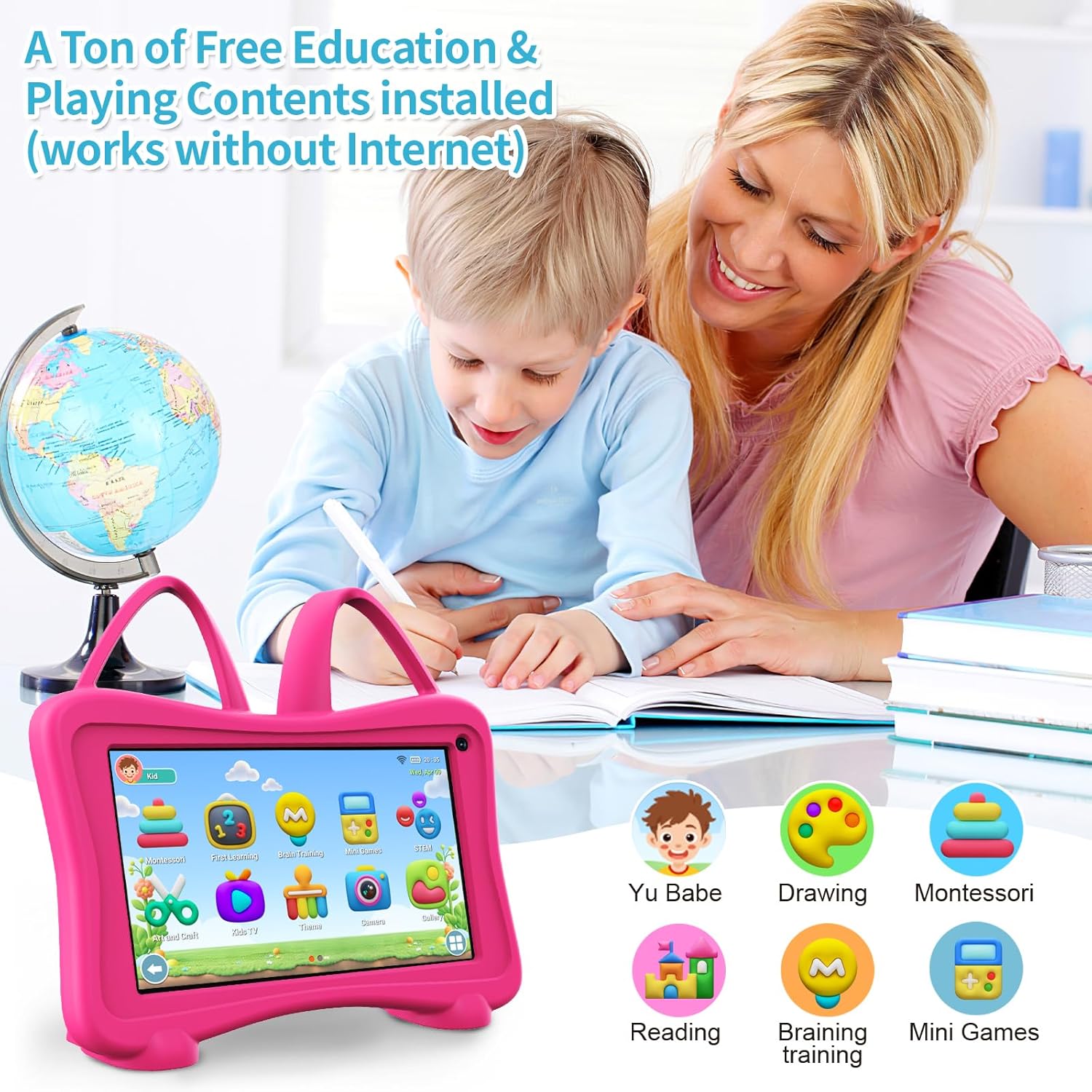 Child interacting with the Trayoo Kids Tablet, displaying educational apps like Yu Babe, Drawing, Montessori, Reading, Brain Training, and Mini Games.