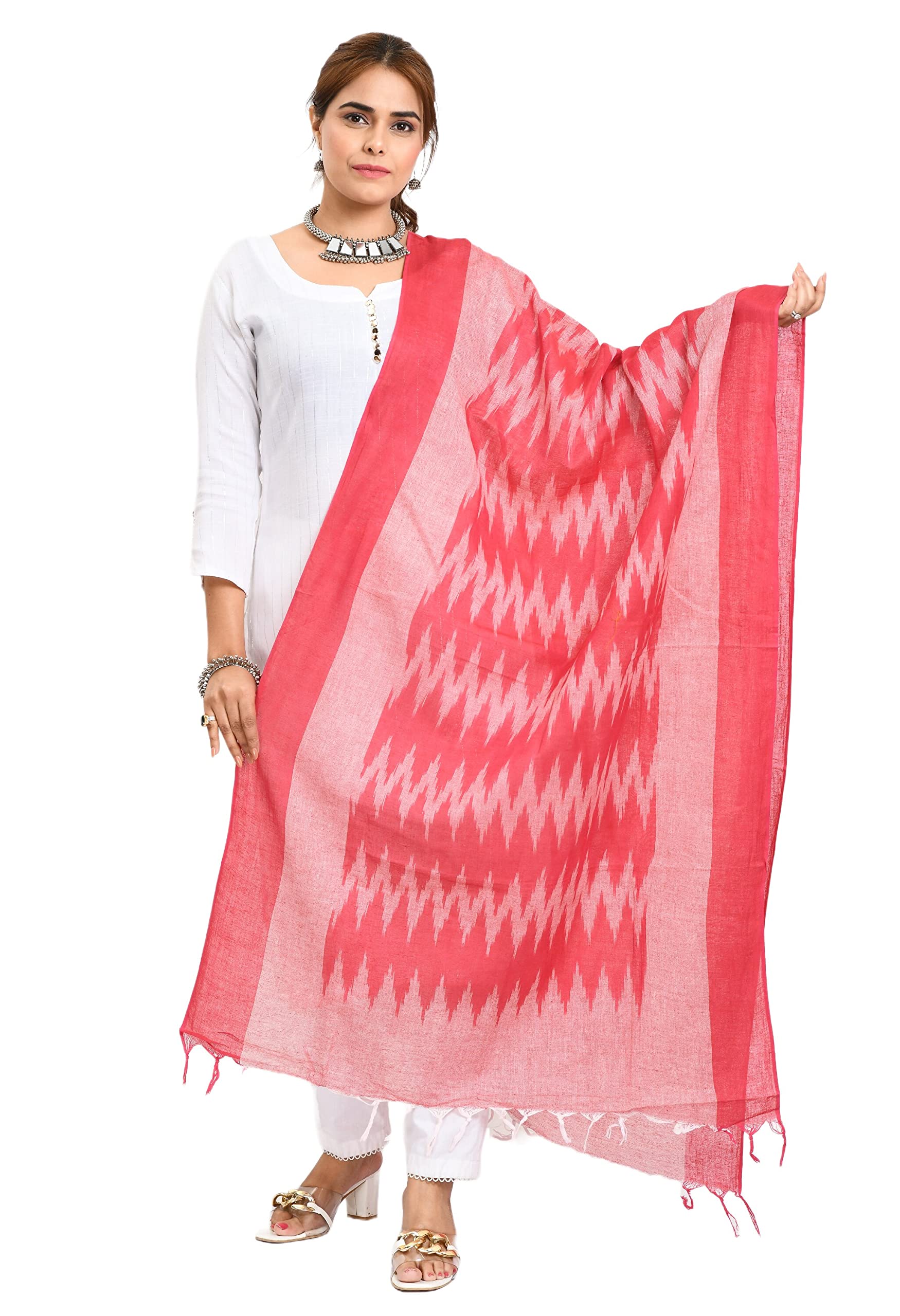 moeza Women's Cotton Ikat Dupatta, Red and White, Traditional Pattern with Tassels Pack of 1, MFD0299-picture-25