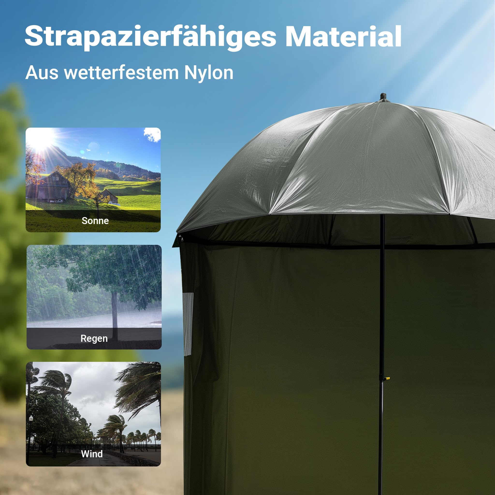Wiltec Angelschirm 250cm mit Seitenwand und zwei Sichtfenstern Schirmzelt als Windschutz beim Angeln Regenschirm Angel Schirm Zelt Sonnenschirm
