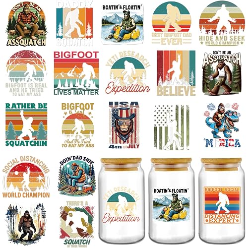 Funny Assquatch UV DTF Decals - 20 Sheets Fun Animals Bigfoot Uvdtf Cup Wraps for 16 oz Glass Water Bottle, Bigfoot Lives Matter Waterproof Transfer Stickers DIY Coffee Mugs Craft Decal Decoration