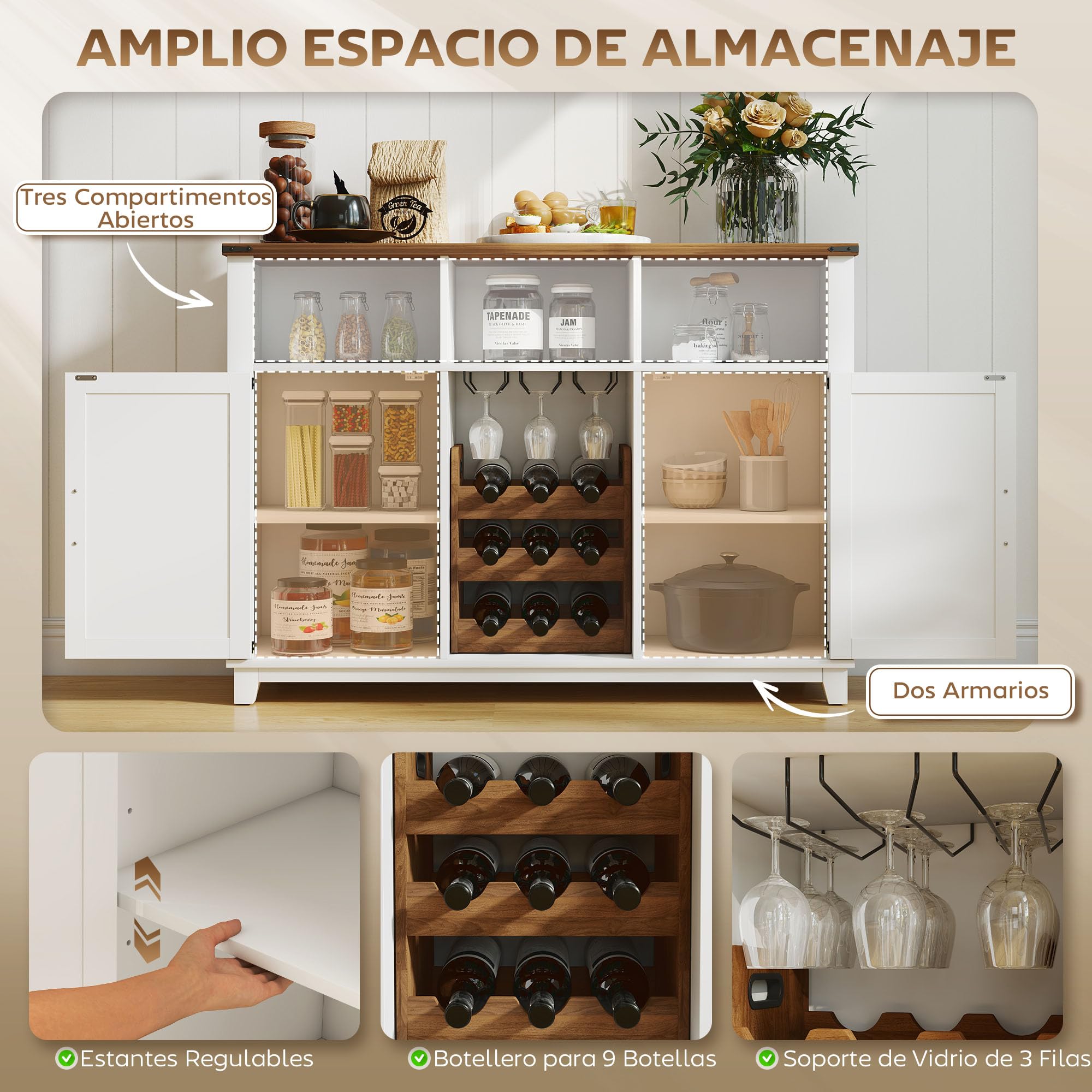 HOMCOM Aparador de Cocina con Botellero, Aparador con 2 Puertas de Granero, Estantes Ajustables y Soporte para Copas, para 9 Botellas, Buffet Auxiliar de Cocina para Comedor, Salón 120x37x88 cm Blanco