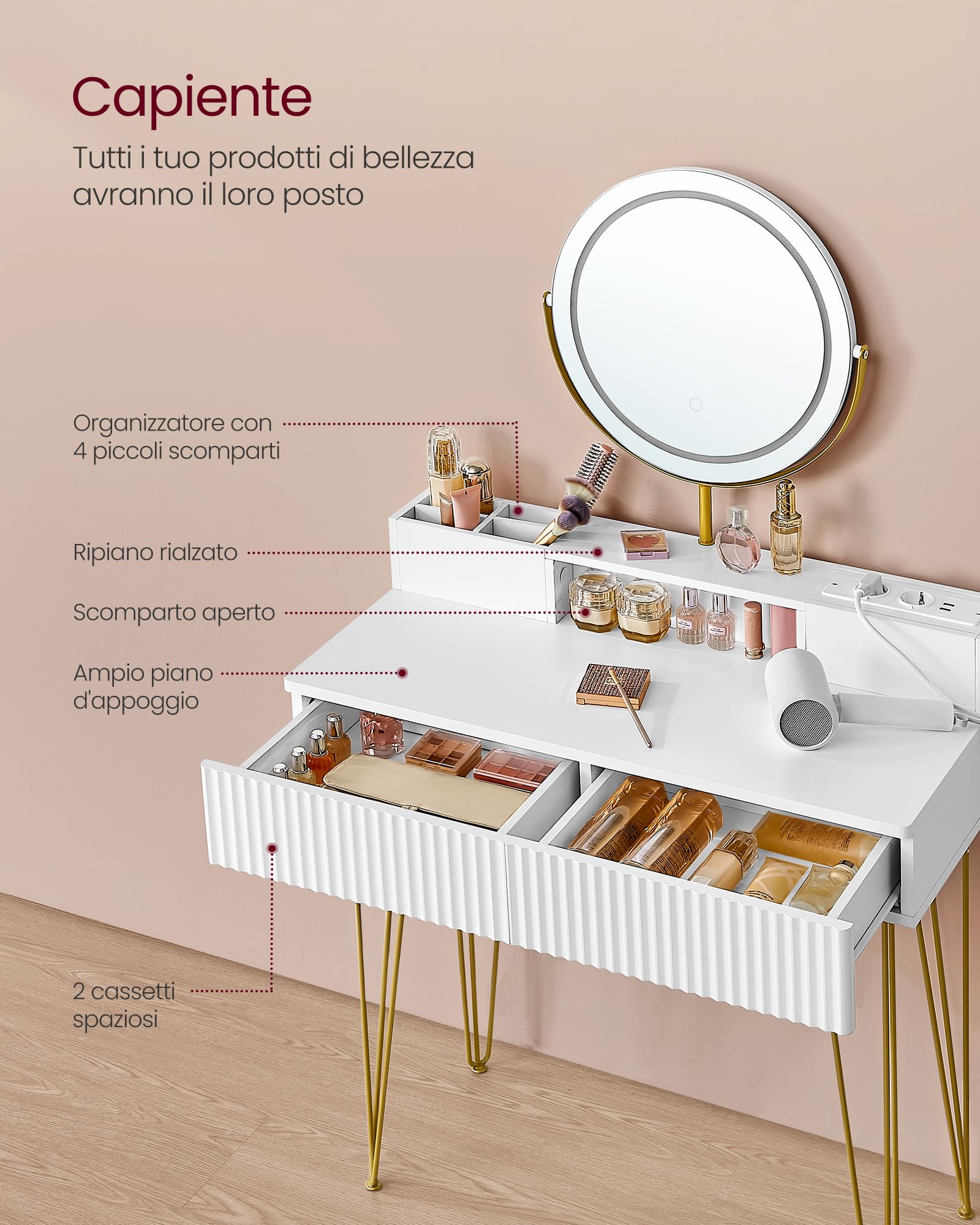 VASAGLE Toeletta con Sgabello e Illuminazione, Stazione di Ricarica, Specchio Girevole, Postazione Trucco, 40 x 80 x 134,8 cm, con Cassetti, Sgabello Imbottito, Bianco Opaco e Oro Pallido RVT019W01