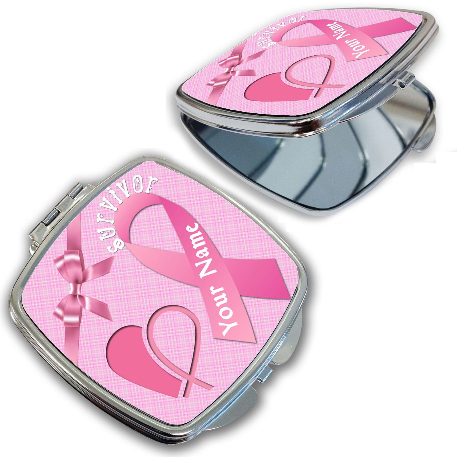BleuReign(TM) Personalized Custom Name Breast Cancer Survivor Ribbon Compact Mirror