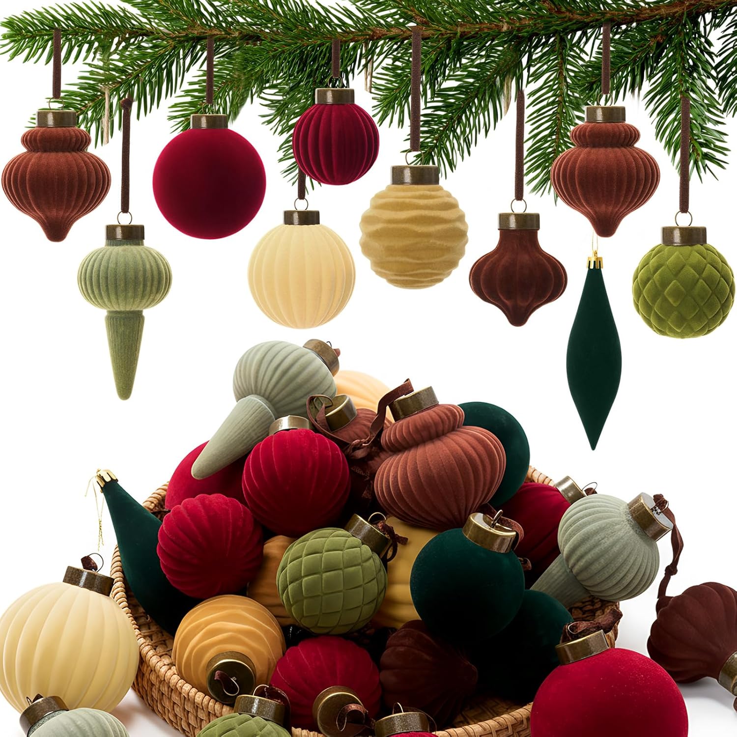 Menkxi 36 Pcs Vintage Velvet Christmas Ball Ornaments Flocked Finial Christmas Tree Decorations Shatterproof Assorted Hanging Xmas Tree Ball Decorations for Xmas Holiday Decor