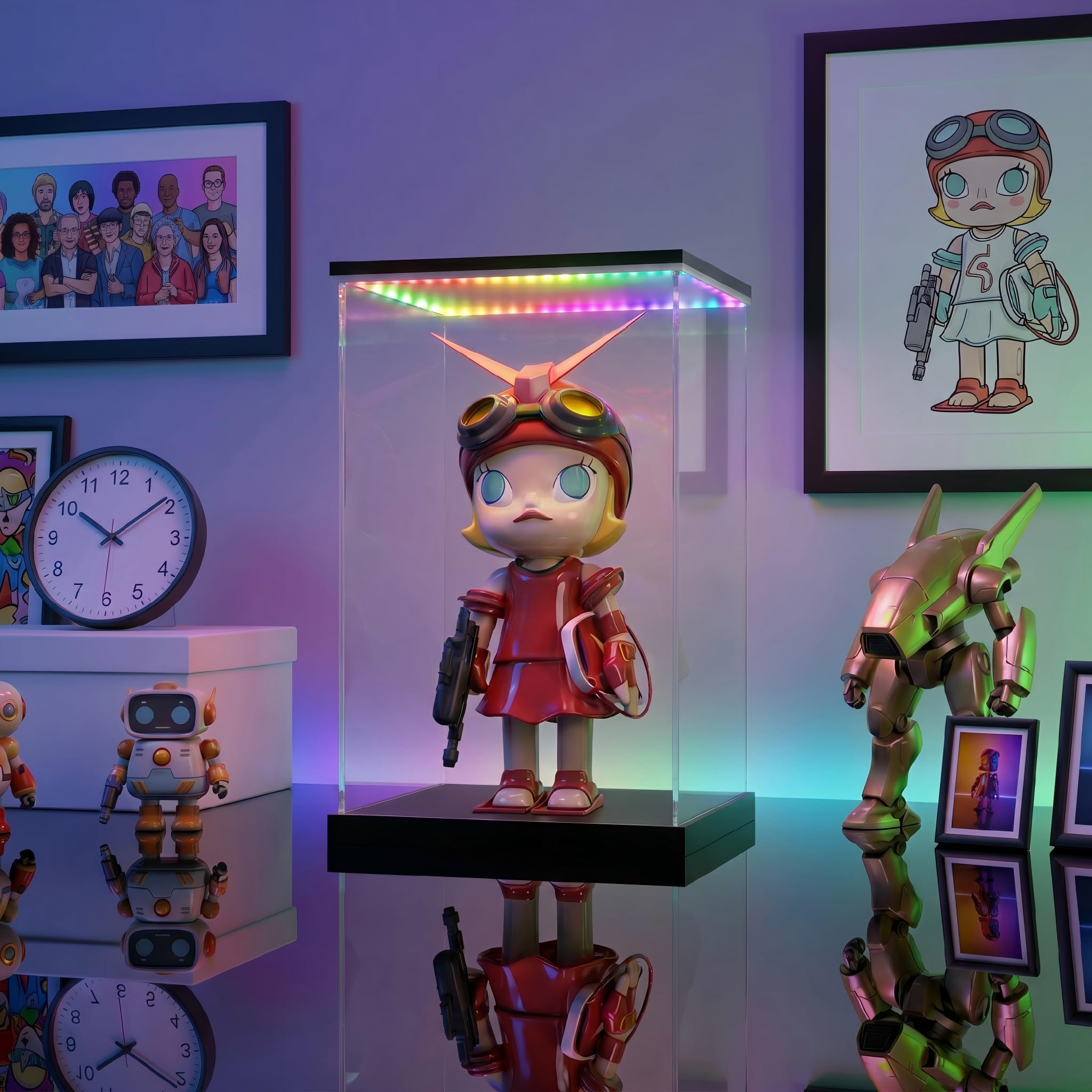 LANSCOERY Vitrine lumineuse RVB en acrylique, boîte de vitrine anti-poussière avec protection UV pour figurines, objets de collection, jouets - 24,9 x 18 x 41,9 cm