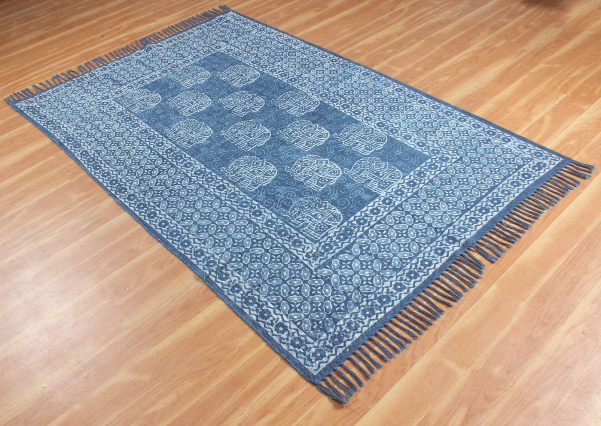 Tappeto Dhurrie Kilim realizzato a mano in cotone stampato Dabu blu indaco Tappeto per interni e soggiorno a trama piatta, adatto per camera da letto e bagno, 120 x 120 cm