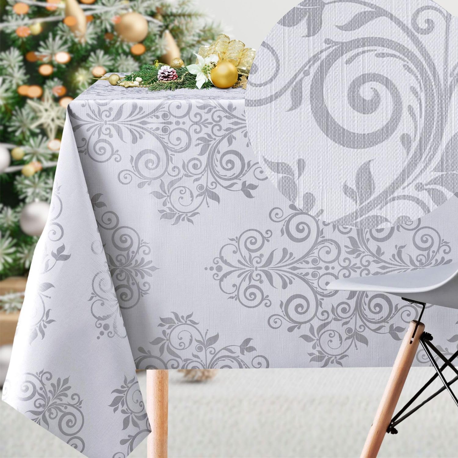 KP HOME Luxury Silver Grey Oriental Baroque PVC Wipe Clean Oilcloth Tablecloth - 200 x 140cm - Orient Design Embossed Thick Rectangular Easy Care Wipeable Vinyl Plastic Table Cloth