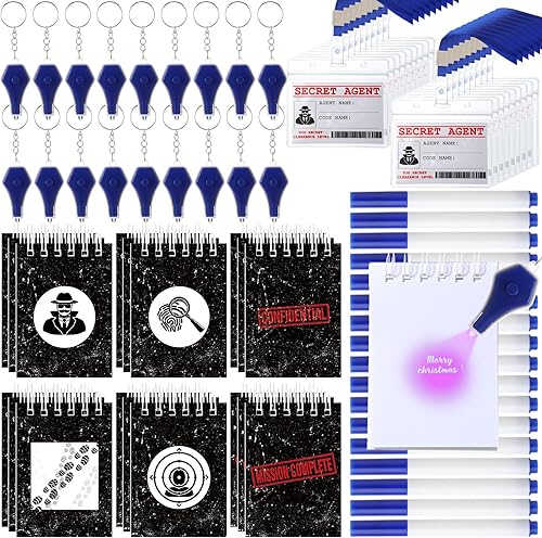 Qilery 72 piezas de recuerdos de fiesta espía detective, incluyen mini cuadernos en espiral, linternas con llavero, bolígrafos de luz UV invisibles,