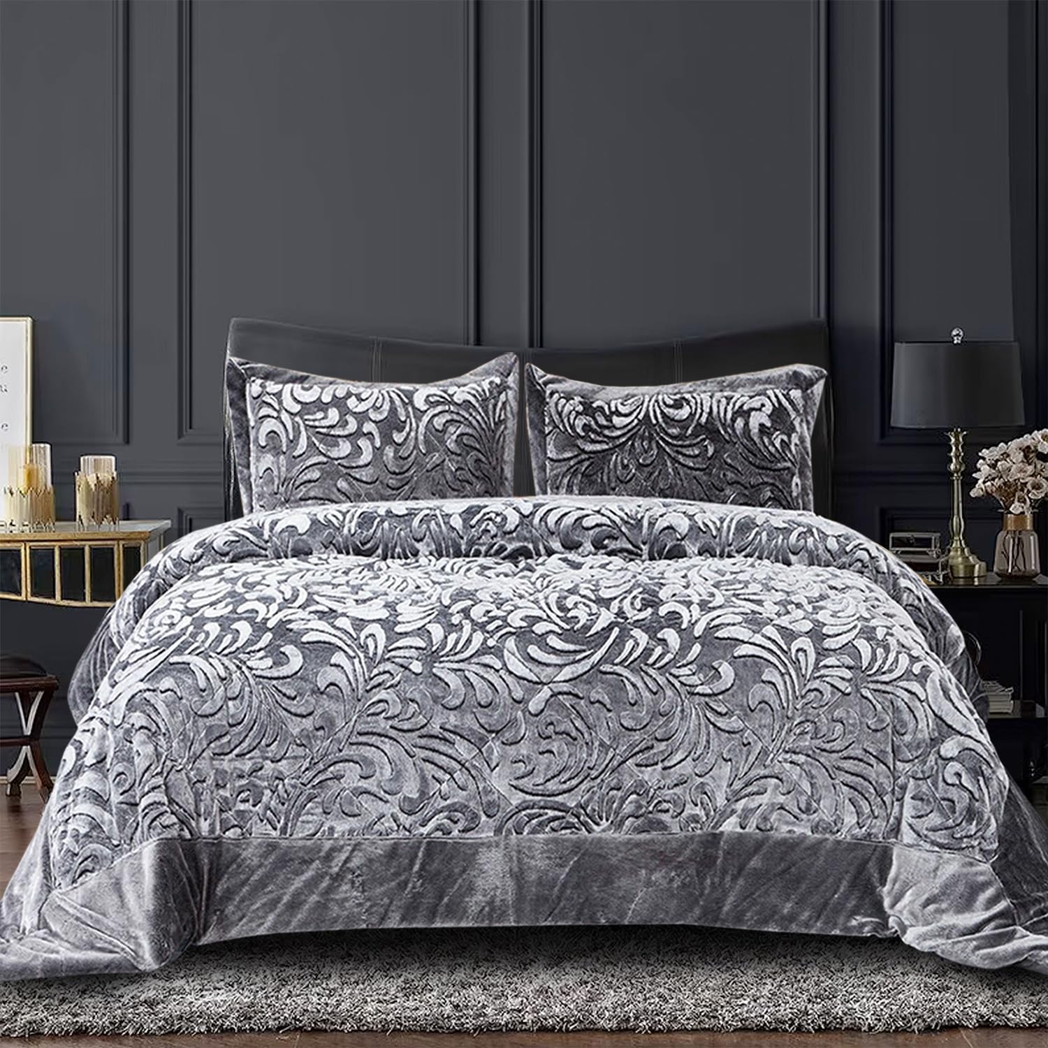 Prime Linens Luxury Velvet Quilted Bedspread King Size Bedding Set - Super Soft Warm Quilt Blanket 3 Piece with 2 Matching Shams for Bedroom Decor for Teen Girls - Grey — image 1