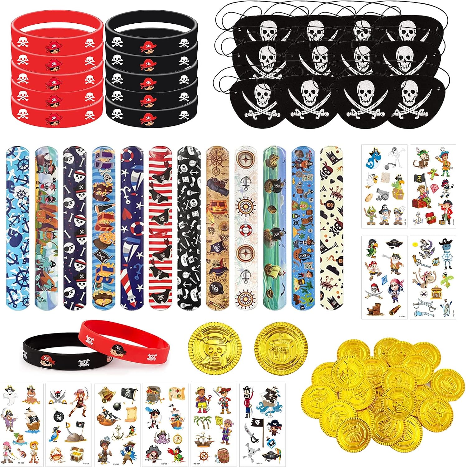 70 Pieces Children's Birthday Pirate Set Pirate Decoration Children Pirate Gold Coins Pirate Silicone Bracelets Pirate Eye Patch Pirate Tattoos Pirate Accessories for Children Pirate Party
