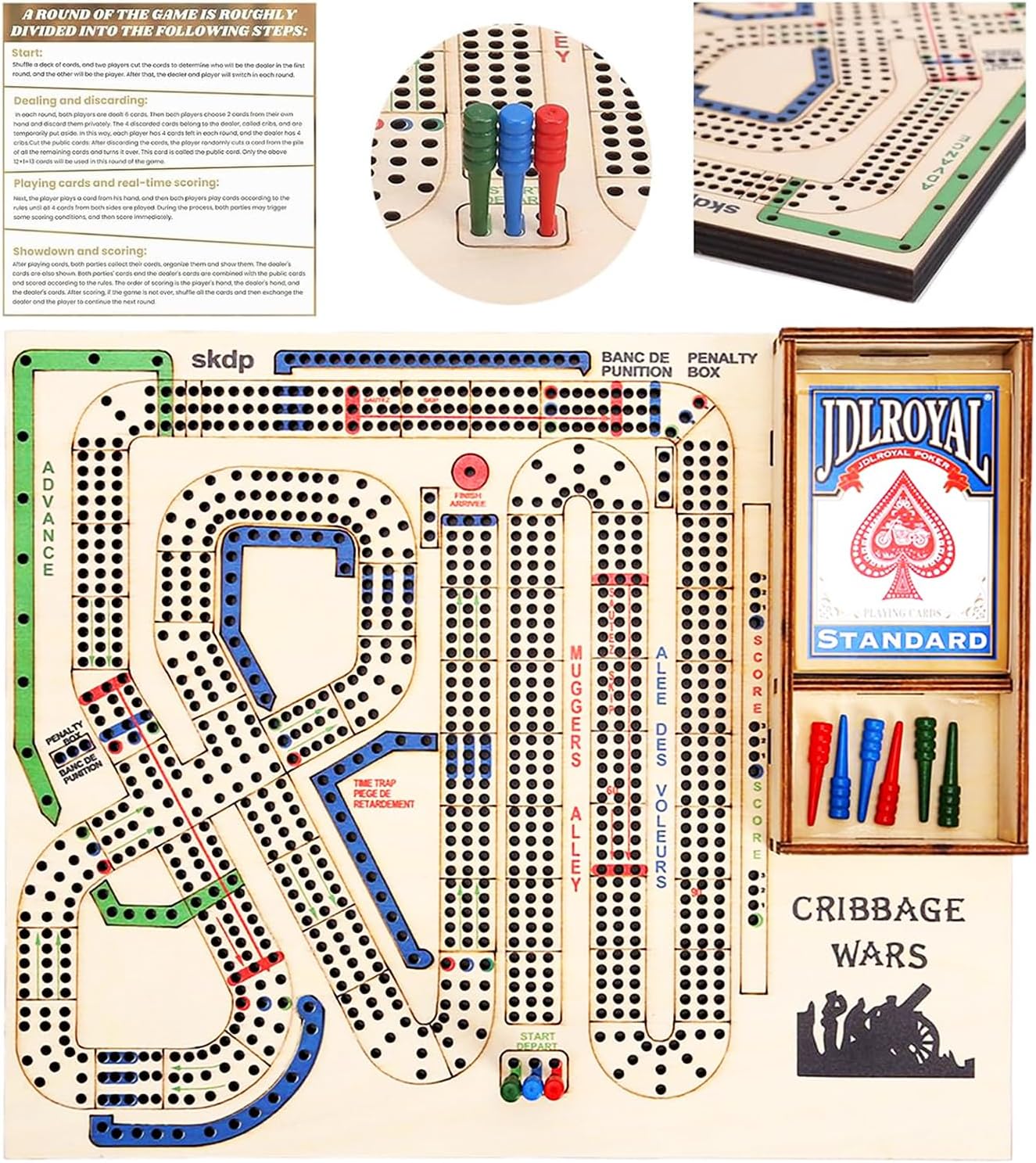 Cribbage Wars Board Game,2025 Wooden Cribbage Board Game Set Traps Games Classic Night Bar Games for Families with Built-in Storage Compartment for Cribbage Pegs