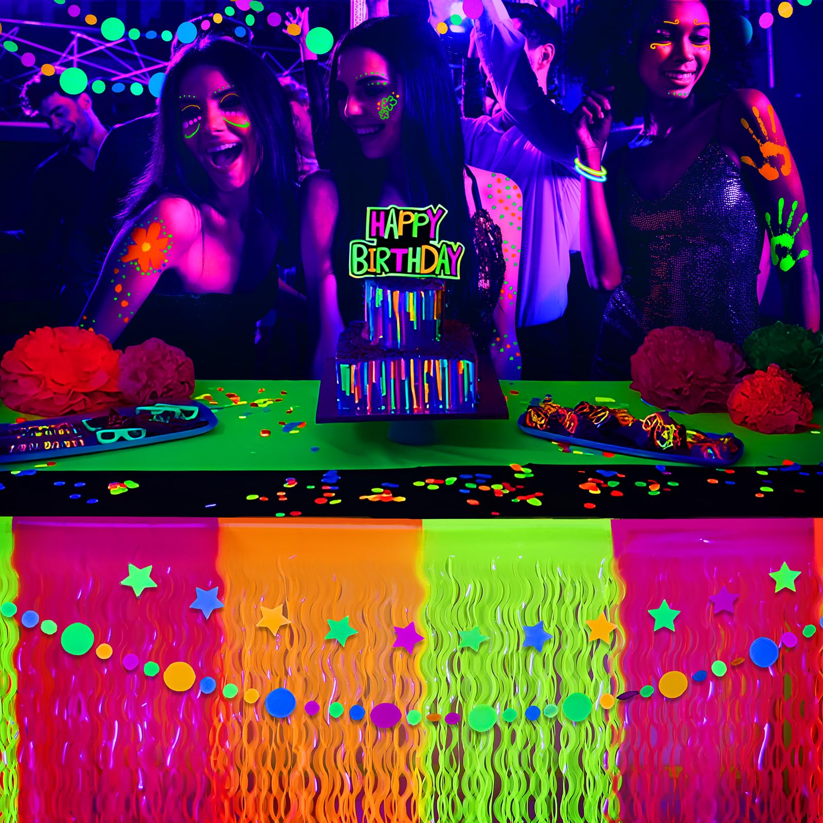 Mega-L Glow in The Dark Party Supplies, 2 Pack Neon Party Decorations Fluorescent Macaron Orange, Yellow and Fuchsia Wavy Metallic Tinsel Foil Fringe Table Skirts, Perfect Table Decors Glow Decors
