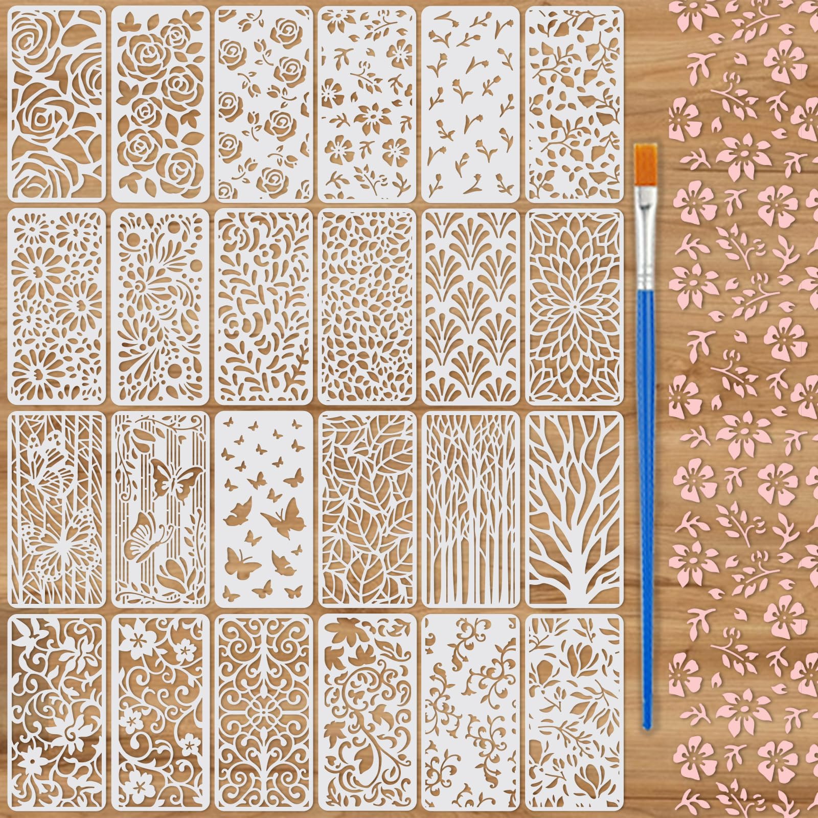 TWINKLEMON 24 Pcs Flower Plant Stencils for Crafts Reusable, Butterflies Texture Stencils for Painting with Brush, Wall Drawing Stencil Templates Set for DIY Furniture Wood Burning Art Card(9.4*4.7in) โ image 1