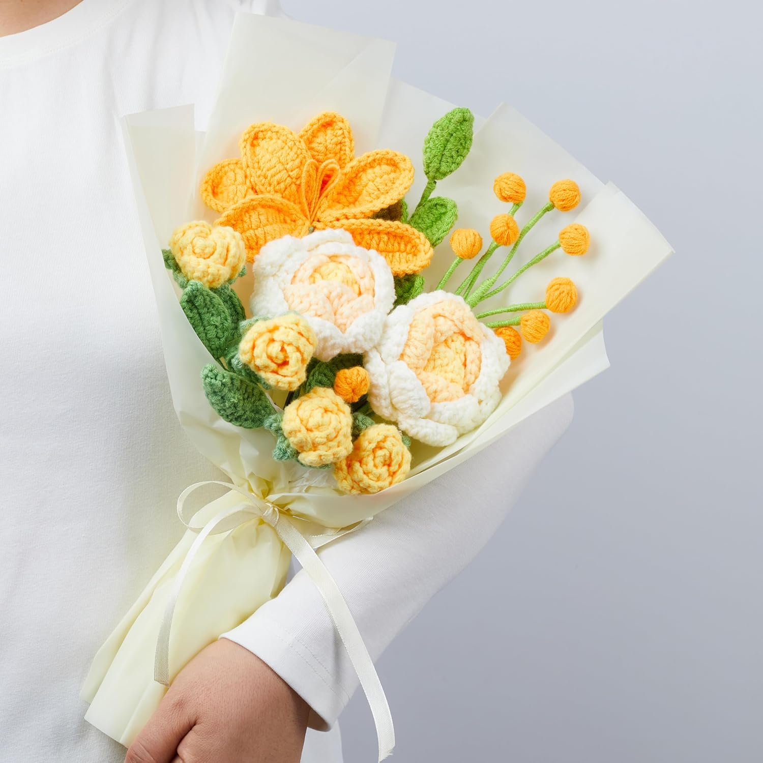 LAIDANLA Crochet Flower Bouquet Yellow Roses and Tulip Bouquet for Her, Handmade Crocheted Flowers Appreciation Graduation Anniversary Birthday Gifts for Women Wife Teacher Girlfriend Mom - Image 2