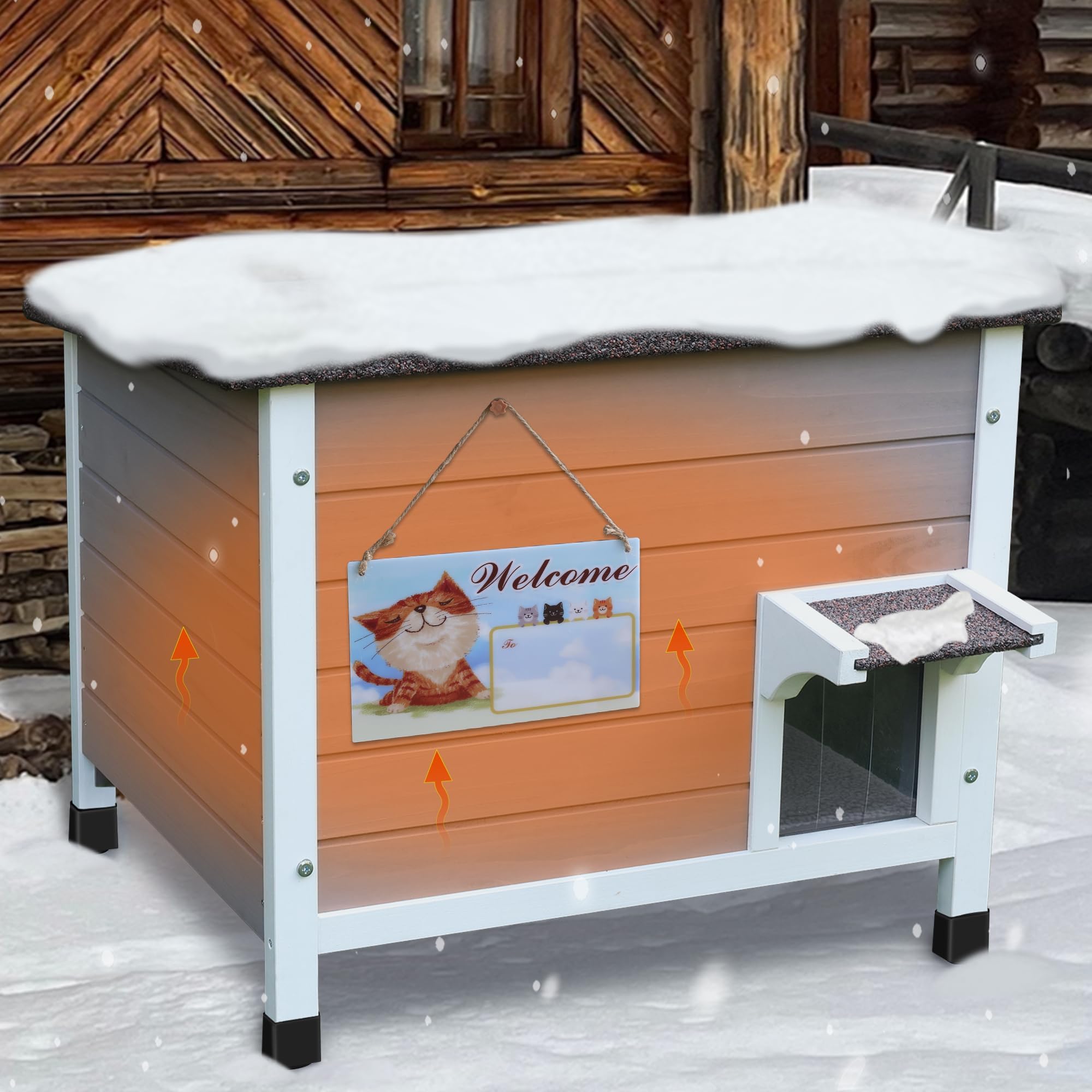 Katzenhaus Outdoor aus Holz, Katzenhaus wetterfest, Katzenhütte für mehrere Katzen, Katzenbox aus Holz für draußen, schaumisolierte Wände, offenes Dach, Türklappen aus PVC, Modern Grau
