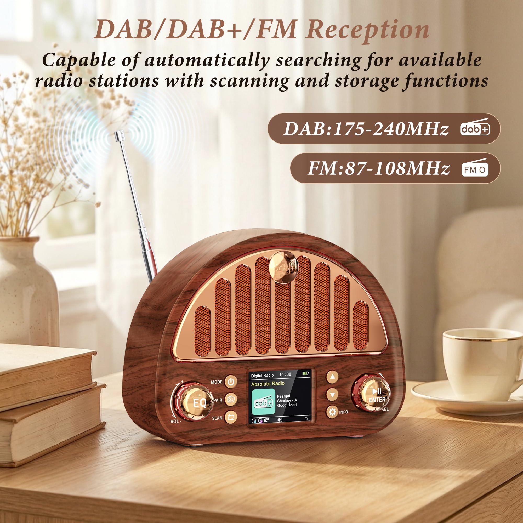 Mesqool Tragbares DAB+/UKW Radio, Retro Radio mit Bluetooth 5.0, Nostalgie Radio Klein mit 3000mAh Akku und Farbdisplay, EQ-Soundeffekt, 80 Voreinstellungen, TF/AUX Anschluss, Doppelwecker
