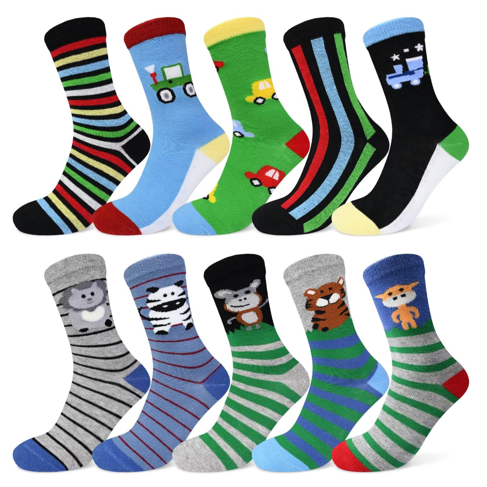 TUUHAW Socken Jungen Mädchen 10 Paar Kinder Socken Schulkind Baumwolle Kindersocken mit Karikatur Tier Muster Lustige Bunte Größe 23-38