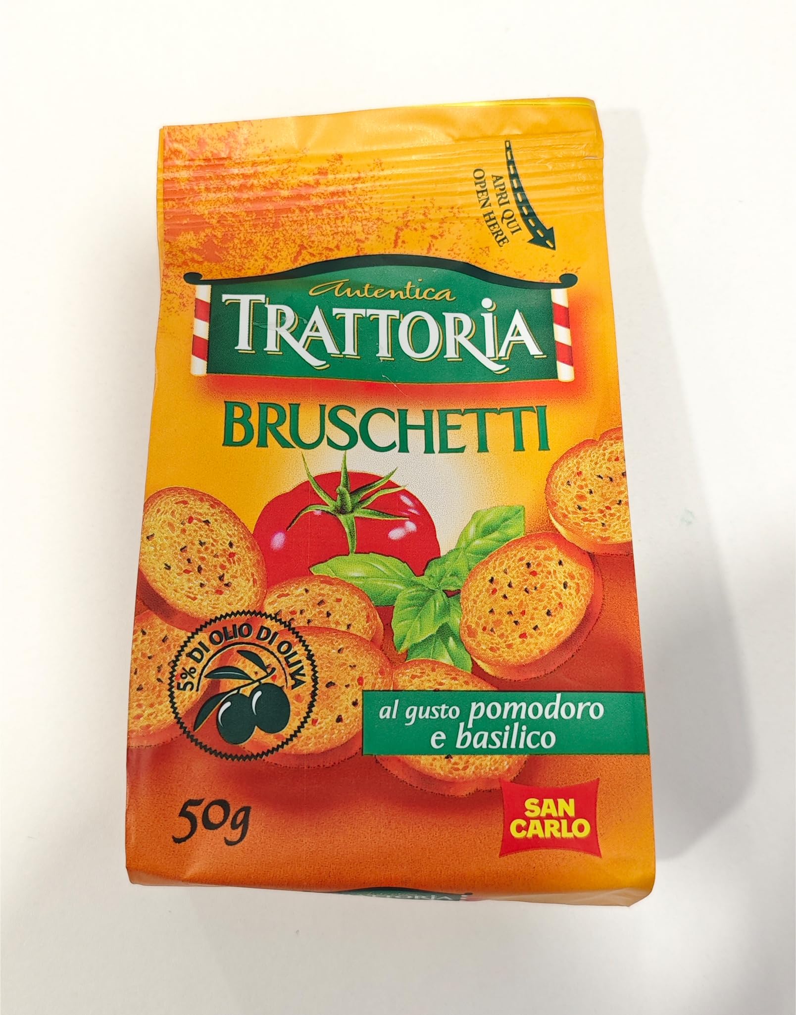 Autentica Trattoria Bruschetti Crostini al gusto di Pomodoro e Basilico San Carlo, Scatola con 10 confezioni da 50g